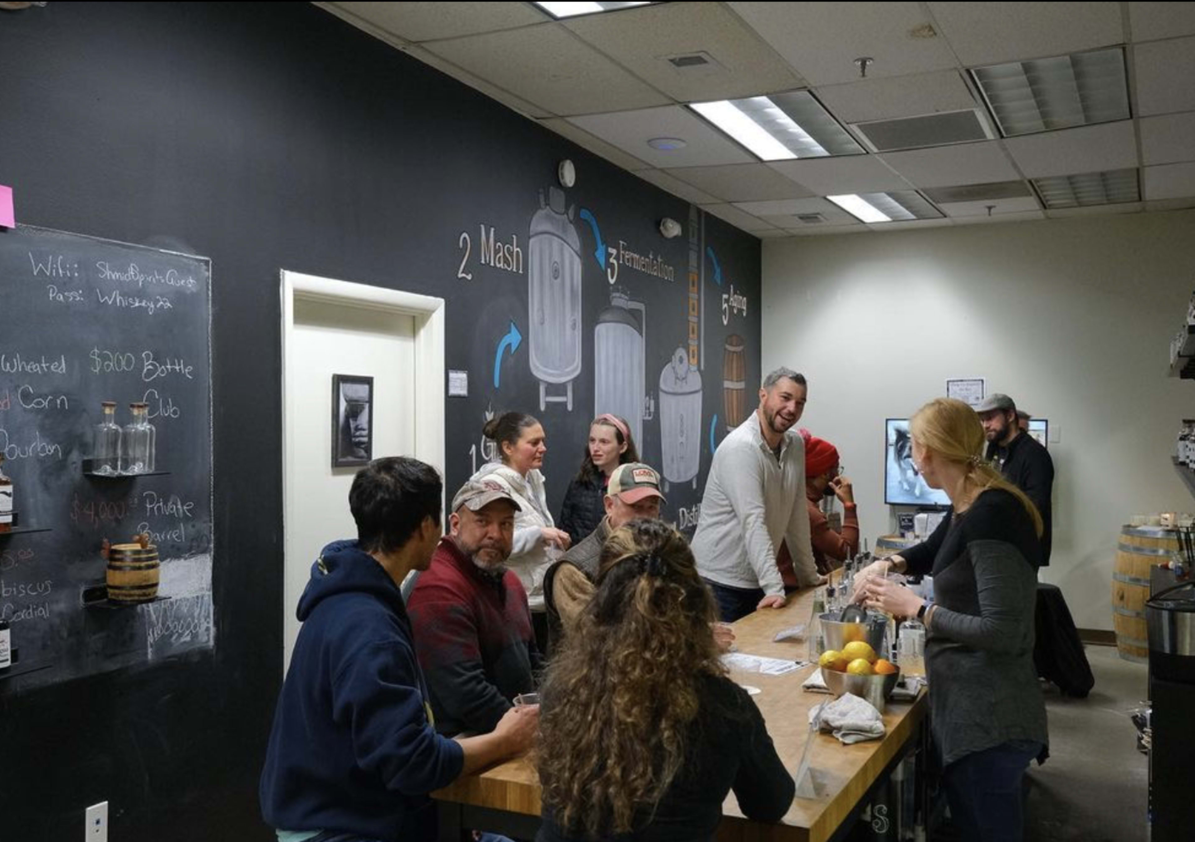A group of people is gathered around a wooden table in a brewery, engaging with staff and tasting various beverages in a room decorated with chalkboard illustrations of brewing equipment.