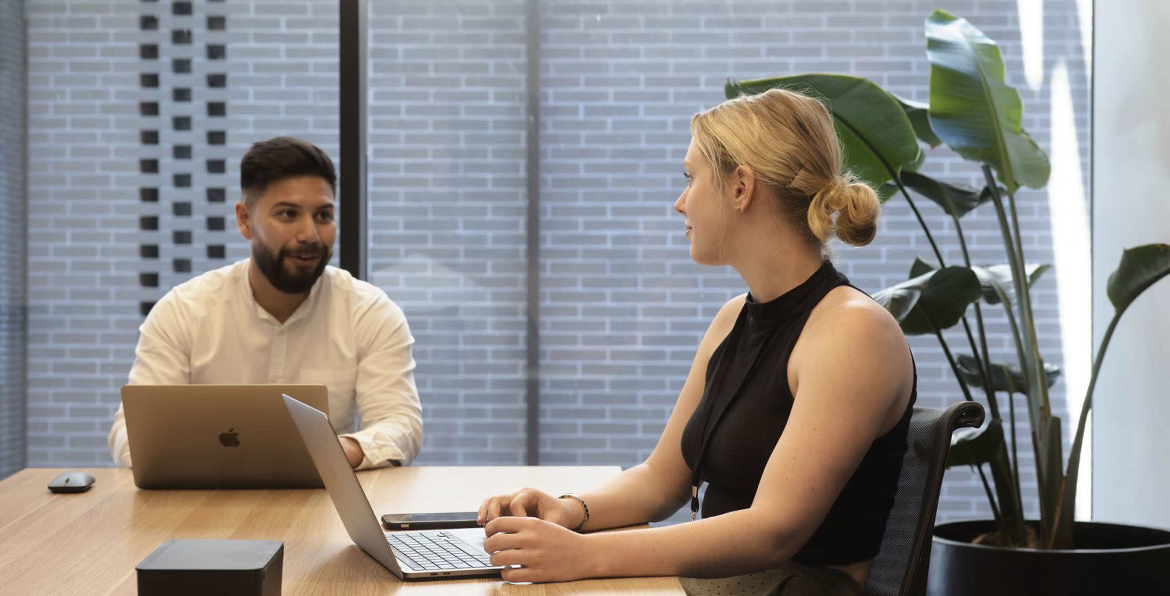 Two professionals are sitting at a wooden table in a meeting room, one using a laptop while the other has a laptop open in front of them, with a large window and a plant visible in the background.