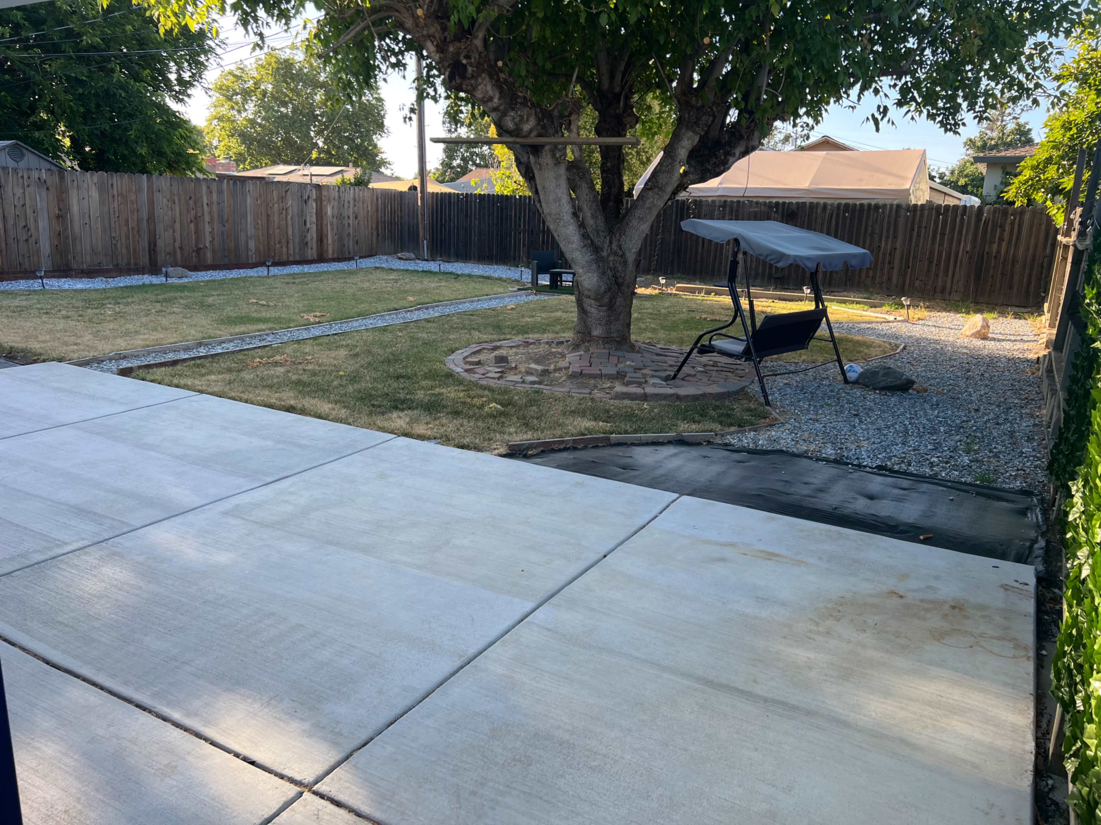 A backyard with a large tree, a gravel circle, a swing seat, and a lawn area bordered by a wooden fence.
