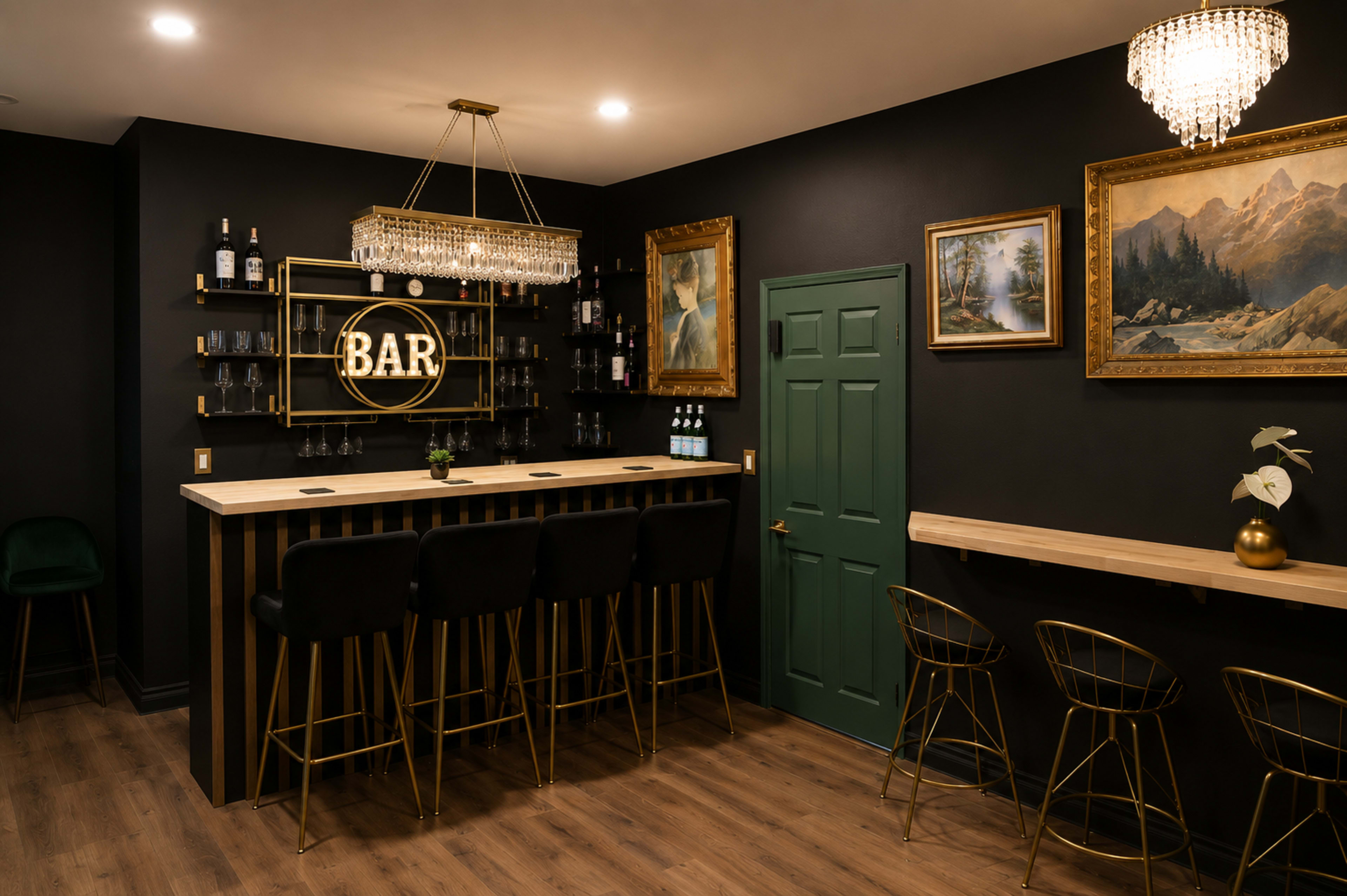 The image shows a stylish bar area featuring a black wall, a golden chandelier, modern black bar stools, and a green door, complemented by framed artwork and various bottles on the shelves.