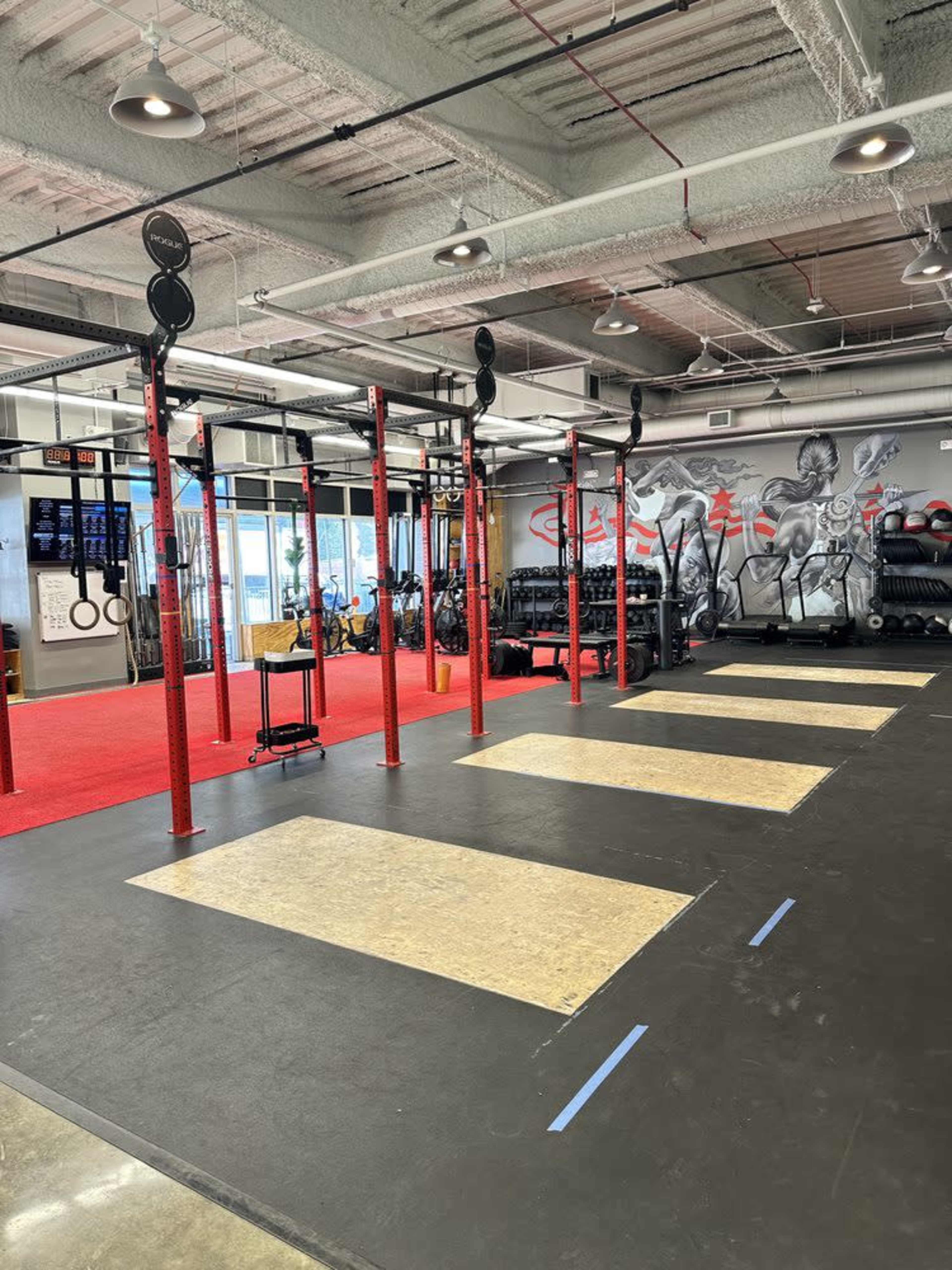 The image shows a gym interior featuring several pull-up bars, rubber flooring, and workout stations against a wall decorated with fitness-themed murals.