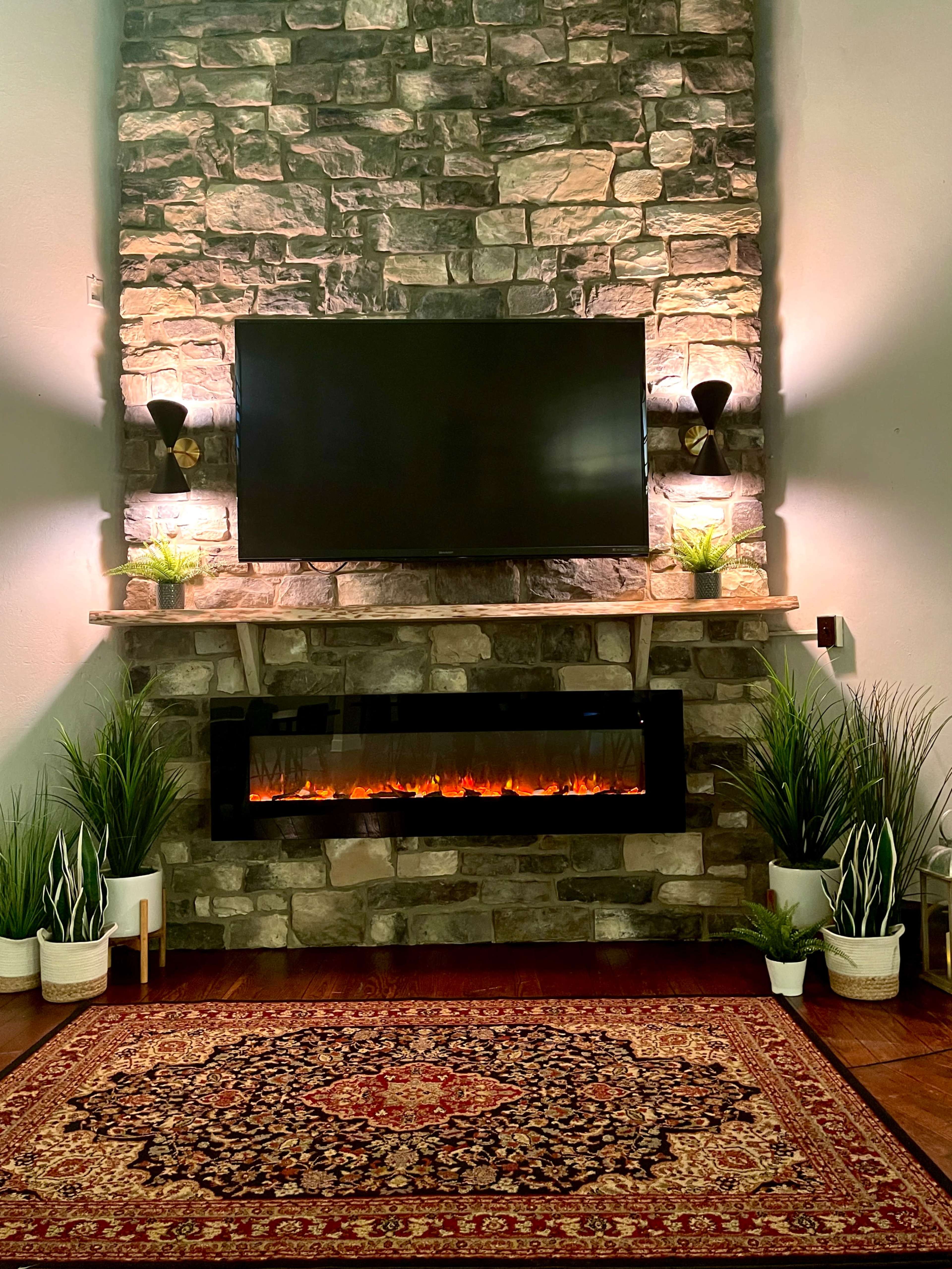 A modern living room featuring a stone fireplace with an electric fire display and a mounted television above, surrounded by potted plants and a decorative area rug.