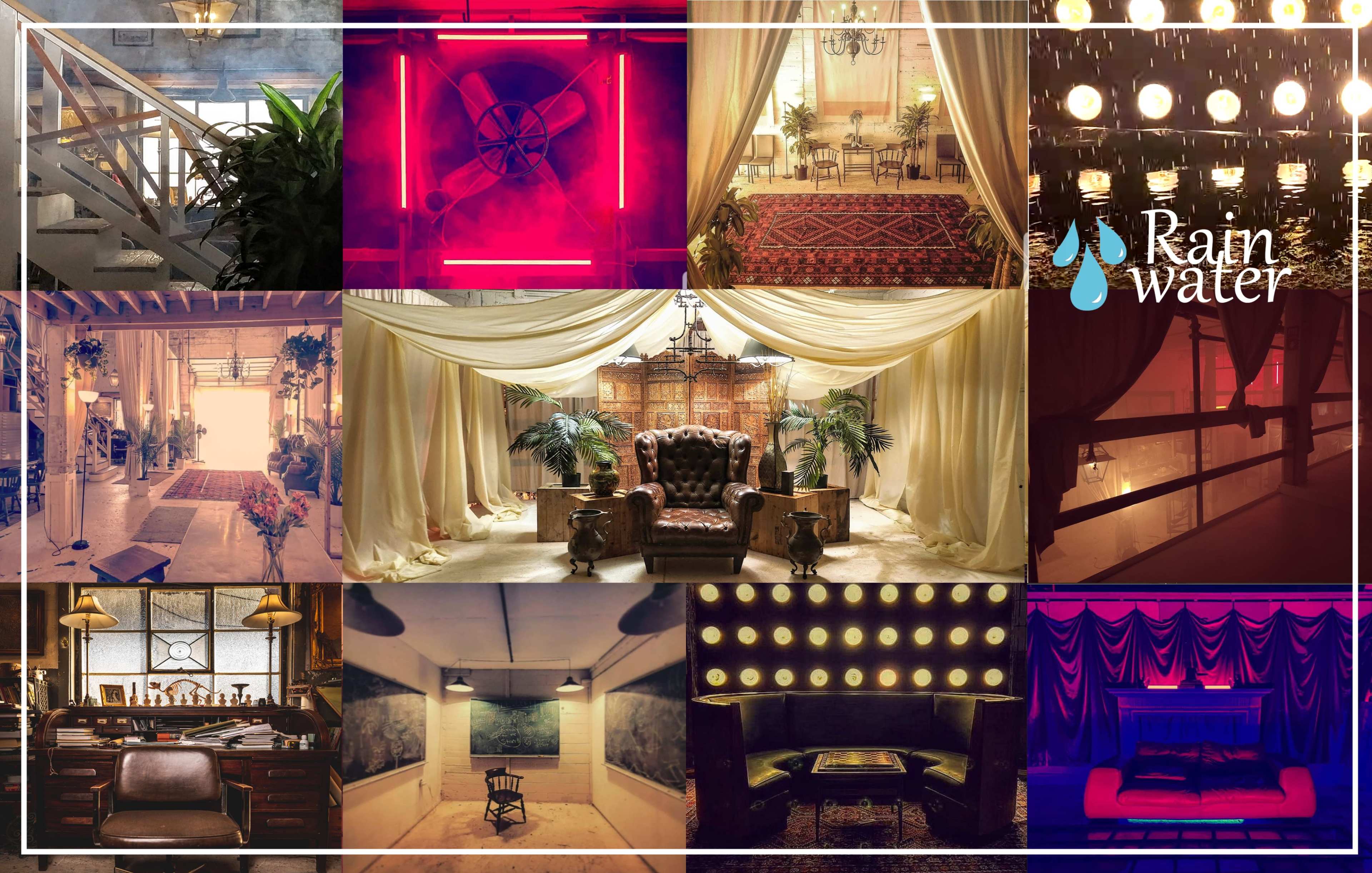 A collage of various indoor environments featuring distinct interior designs, furniture arrangements, and decorative elements.