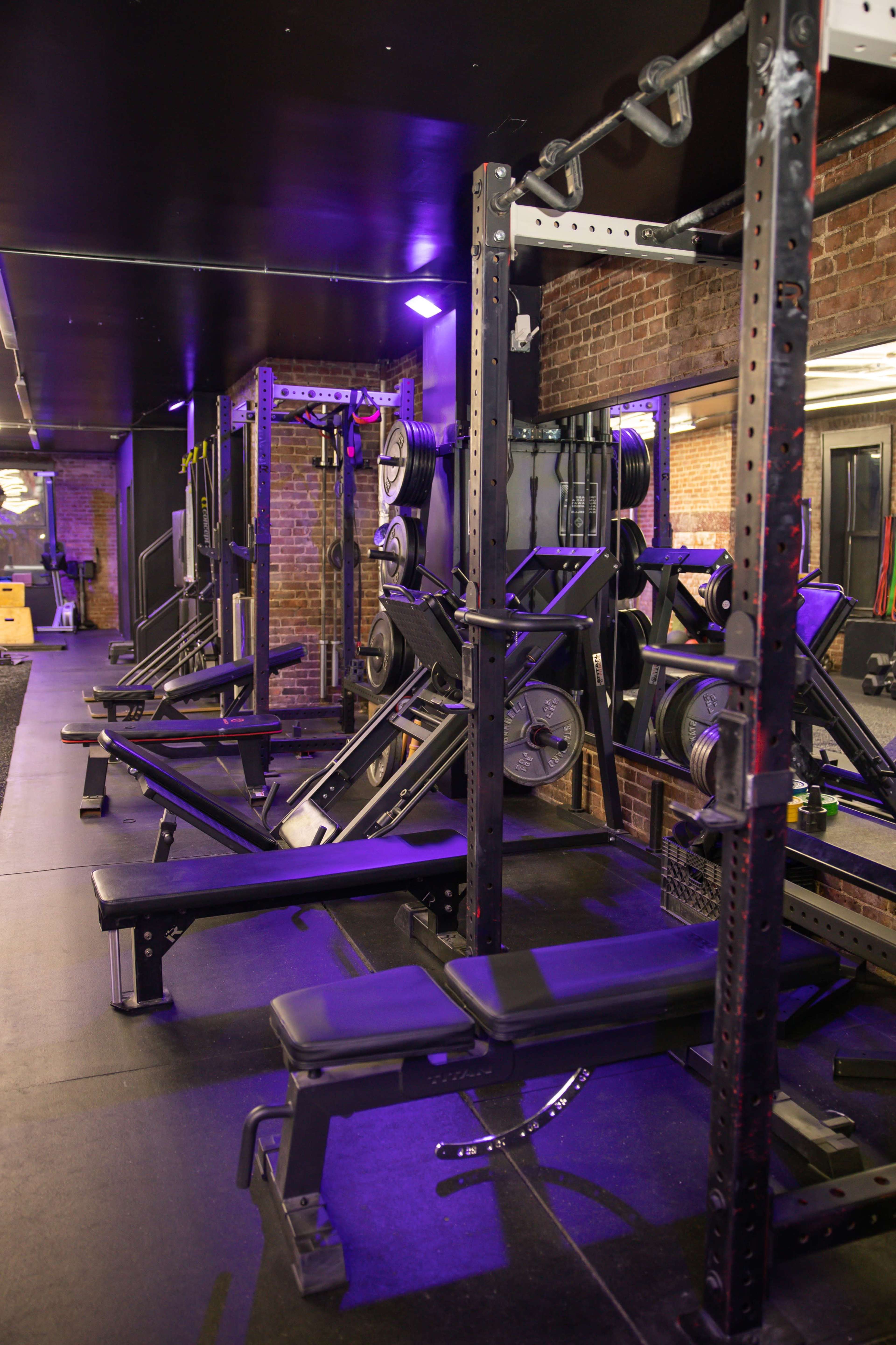 The image shows a gym interior with several weightlifting benches and a multi-use power rack against a brick wall, illuminated by purple lighting.