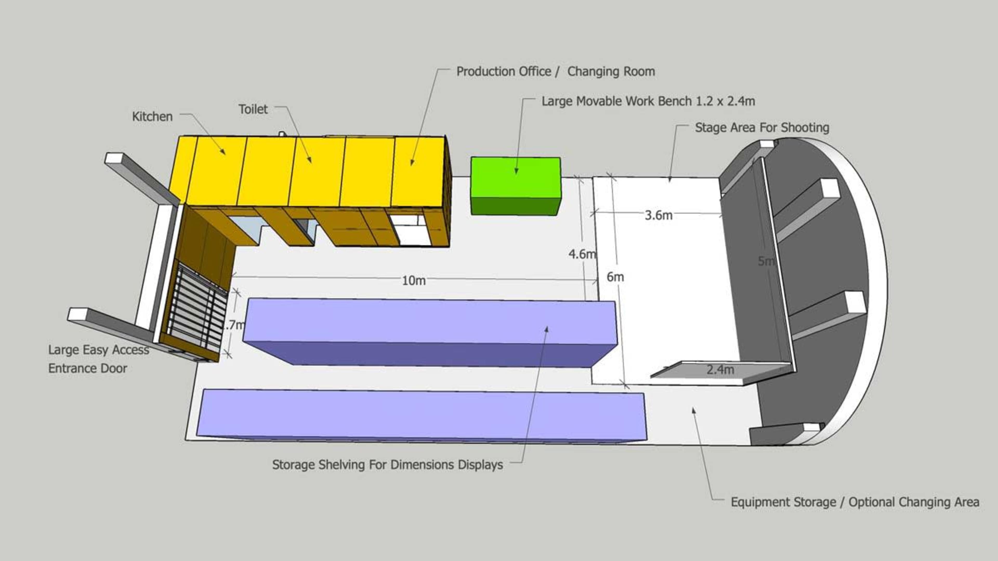 A floor plan layout of a workspace, including areas designated for a production office, kitchen, toilet, changing room, storage, and a stage area for shooting.