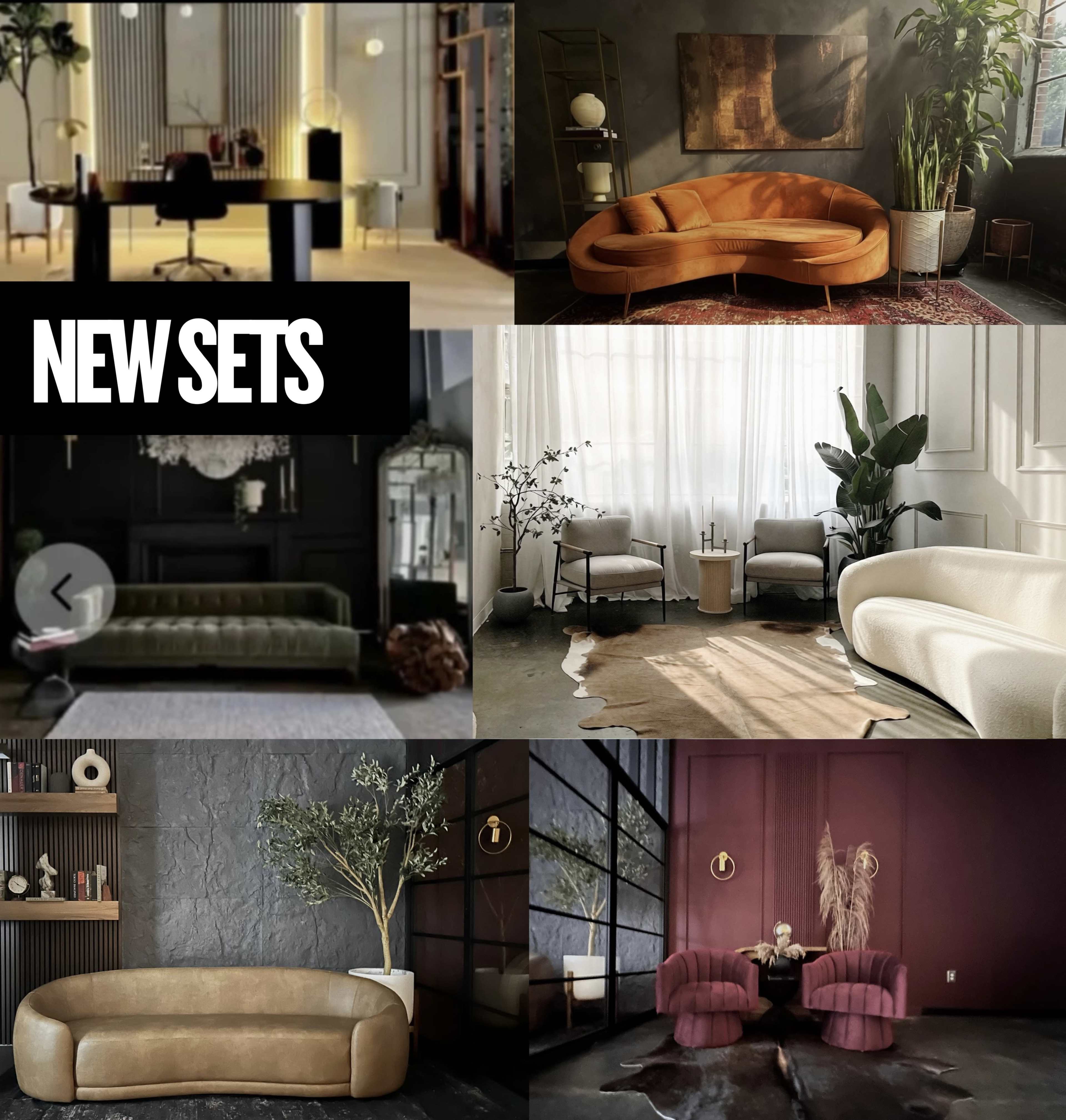The image displays a collage of various stylish furniture arrangements, including sofas, seating areas, and decorative plants in different interior design settings.
