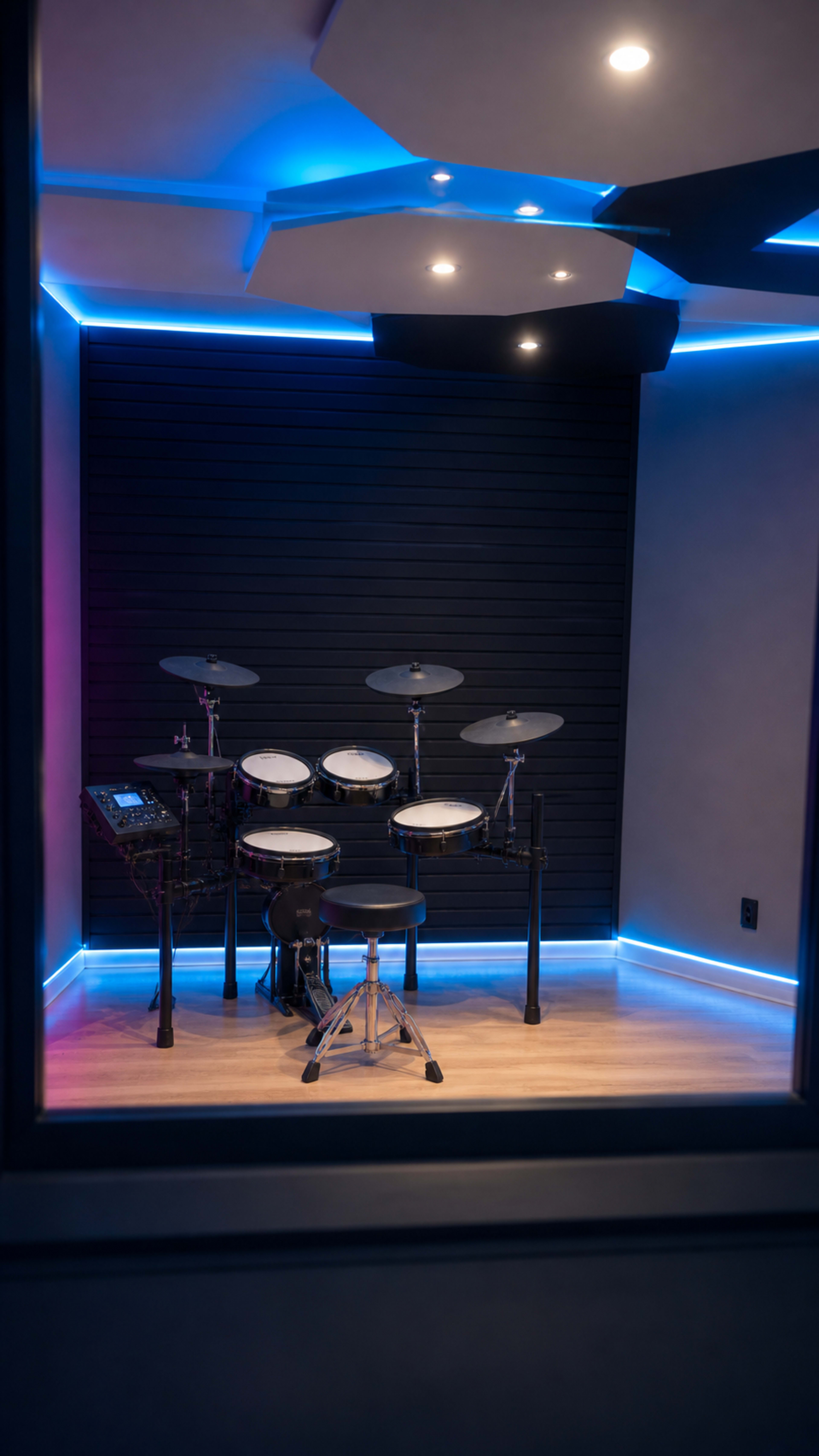 The image shows an electronic drum set positioned in a room with blue LED lighting and a modern design.