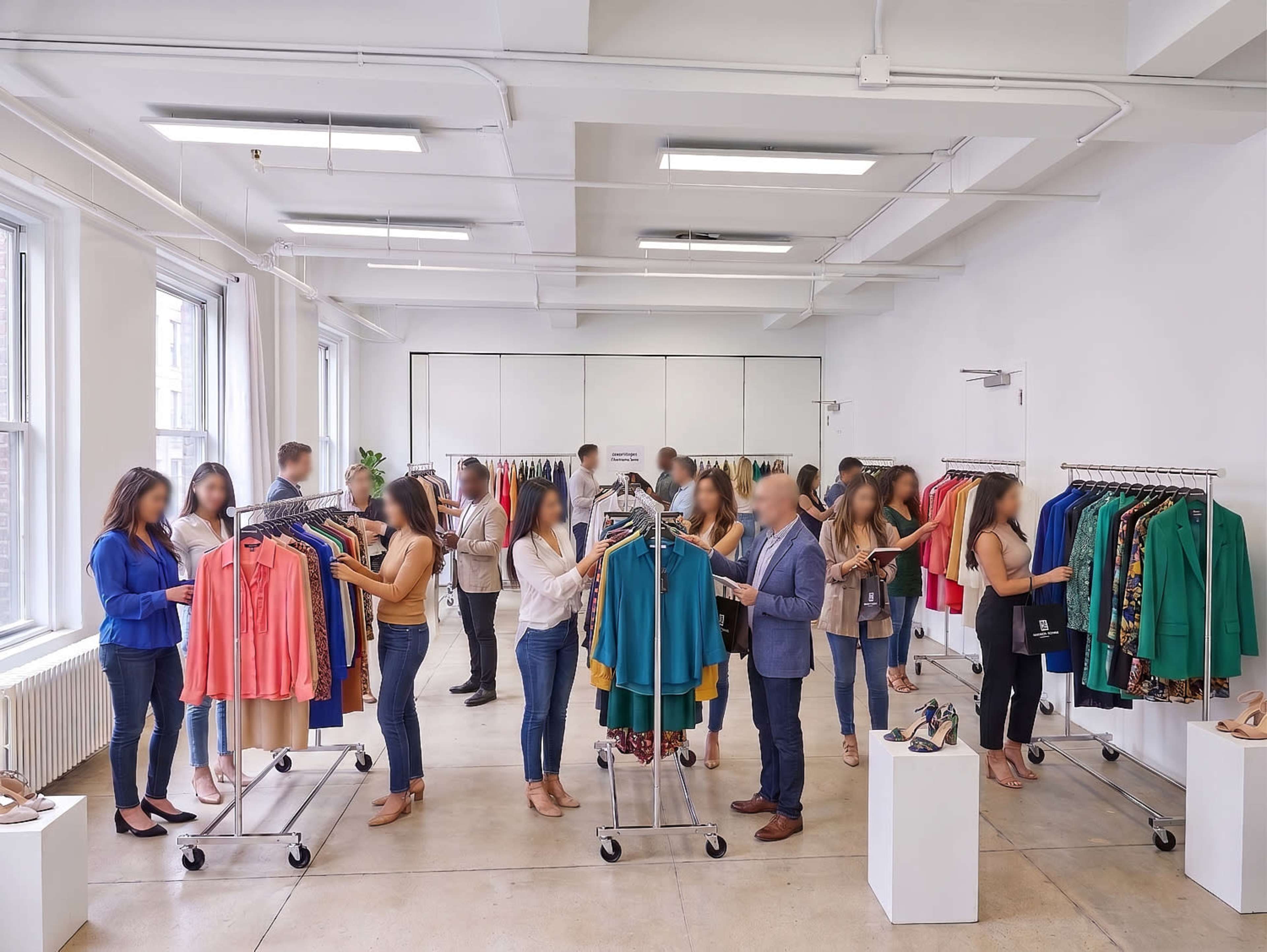 A group of people is browsing and selecting clothing items from racks in a well-lit, spacious retail environment.
