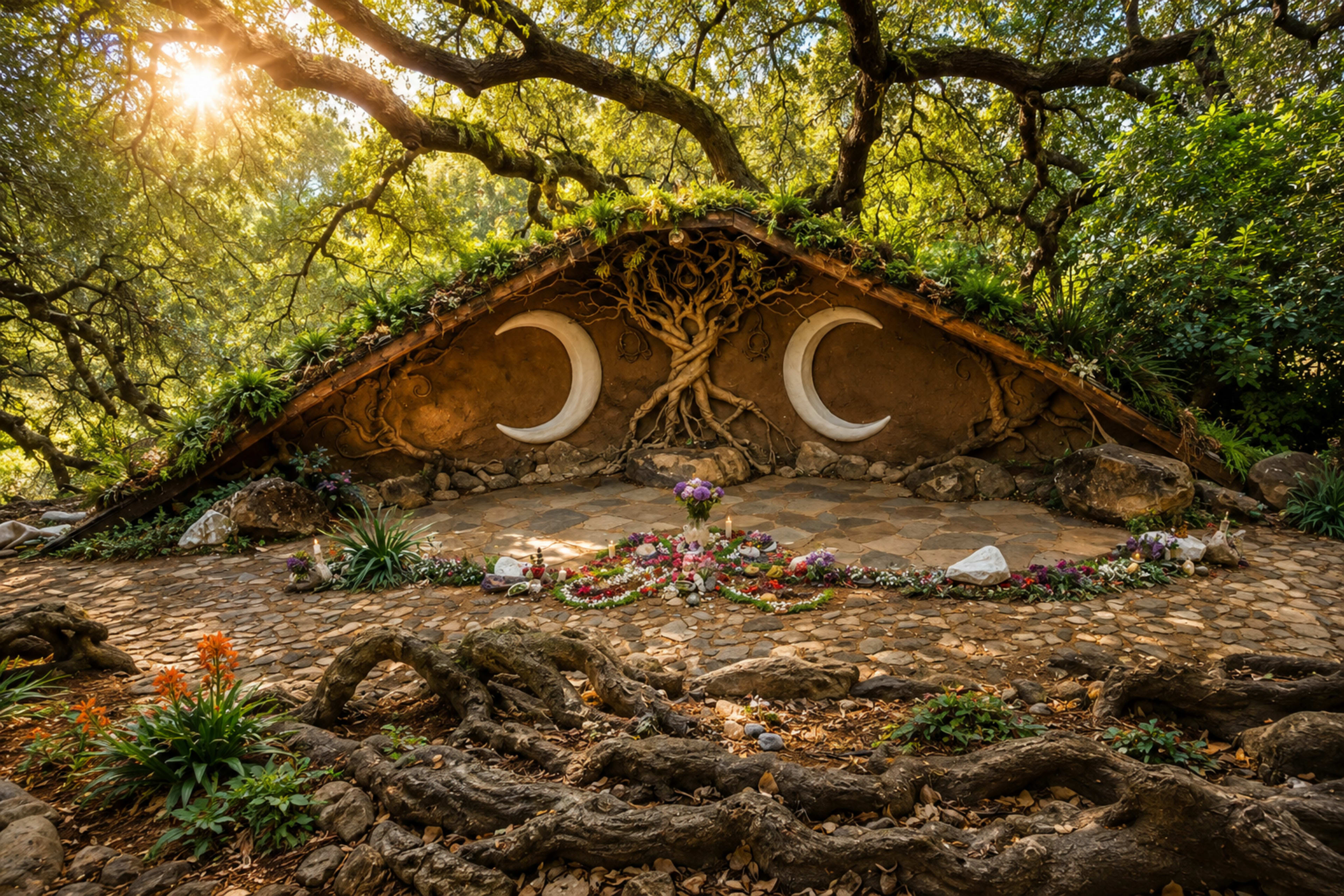 The image depicts a picturesque, nature-inspired structure with two crescent moons on its facade, surrounded by lush greenery and an array of flowers on the ground.
