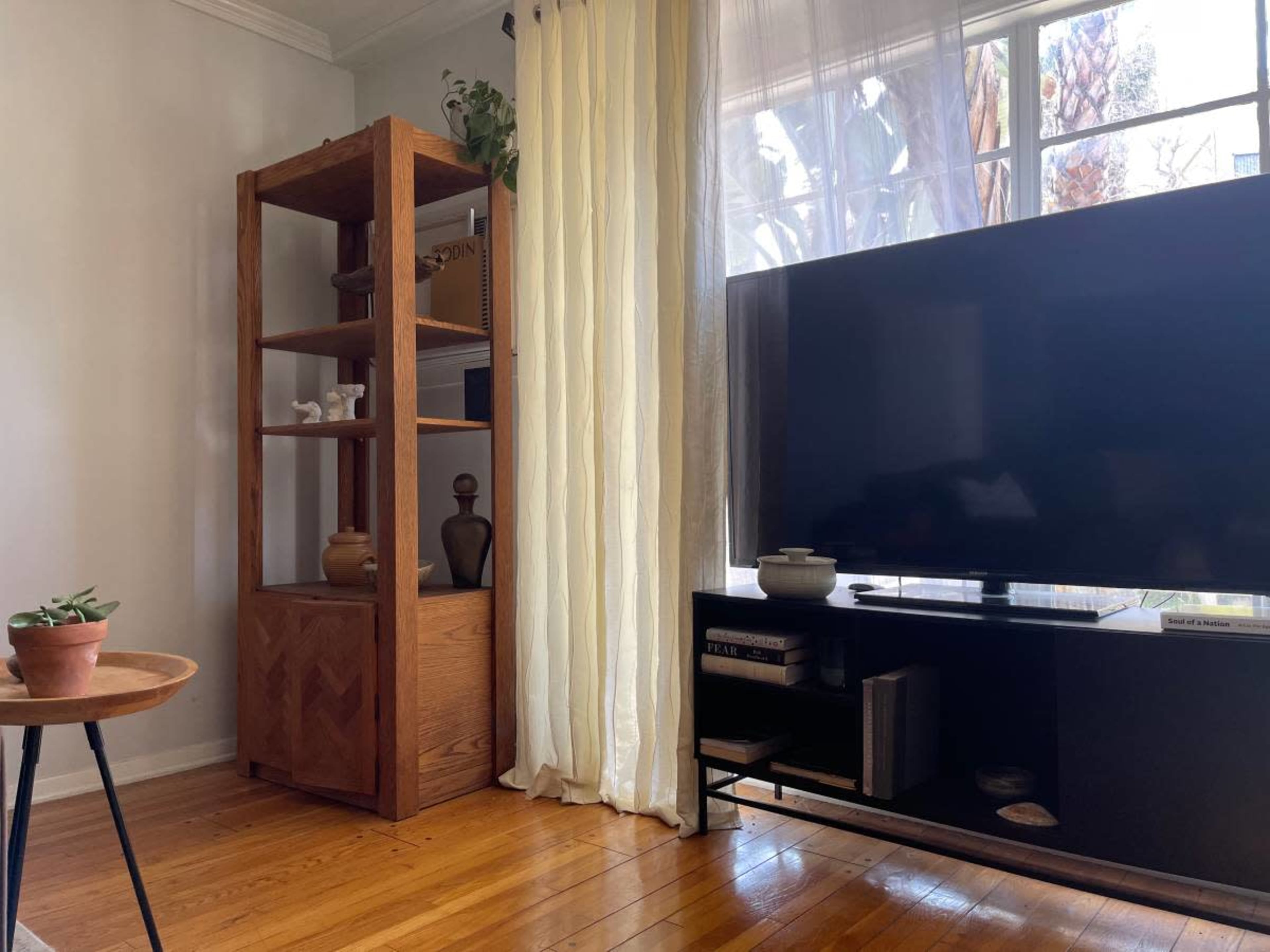 A living room with a wooden shelf and a large television, accompanied by a potted plant and a white curtain letting in natural light.