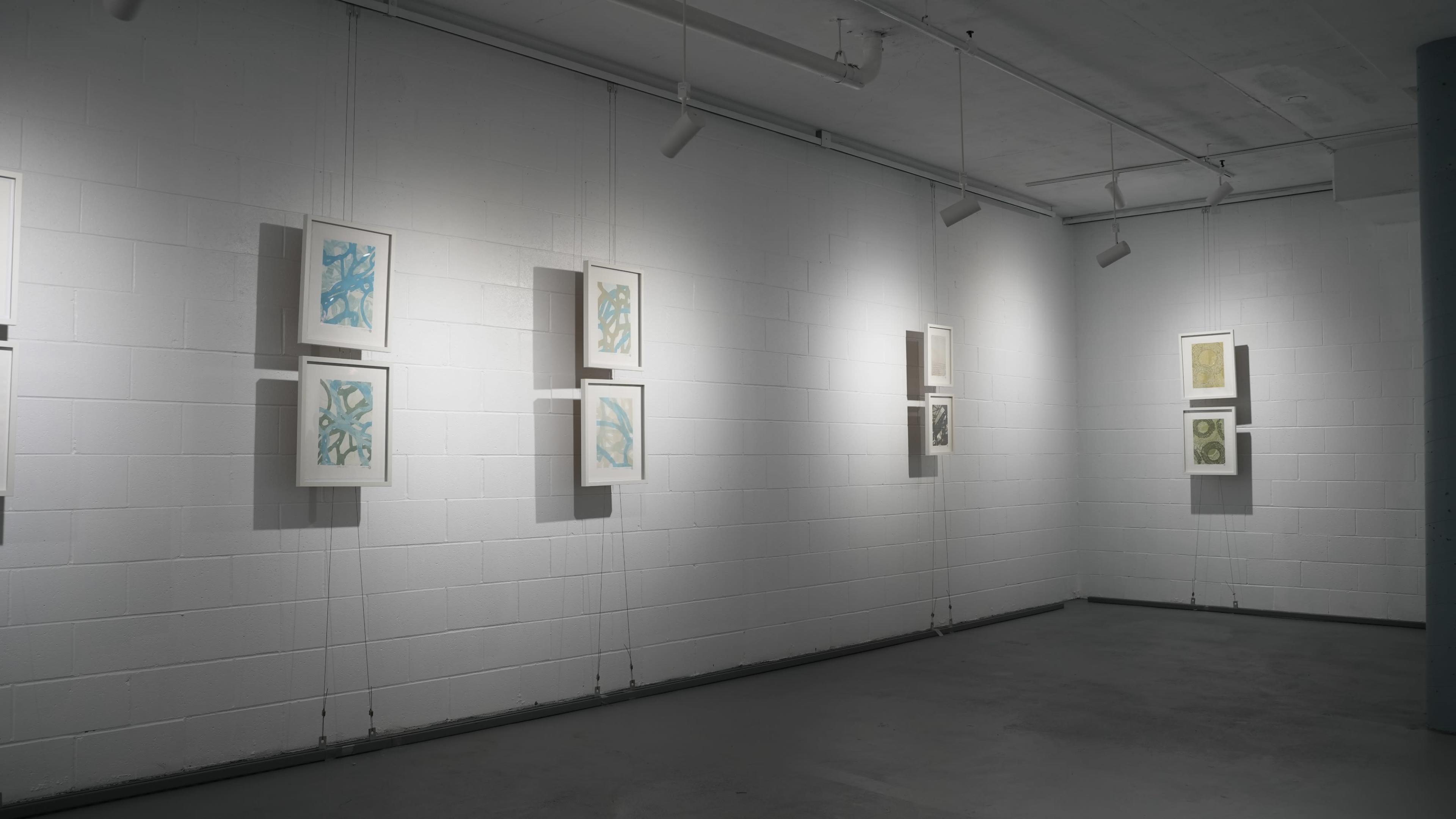 The image depicts a gallery interior with framed artworks hanging on white walls, illuminated by overhead lighting.