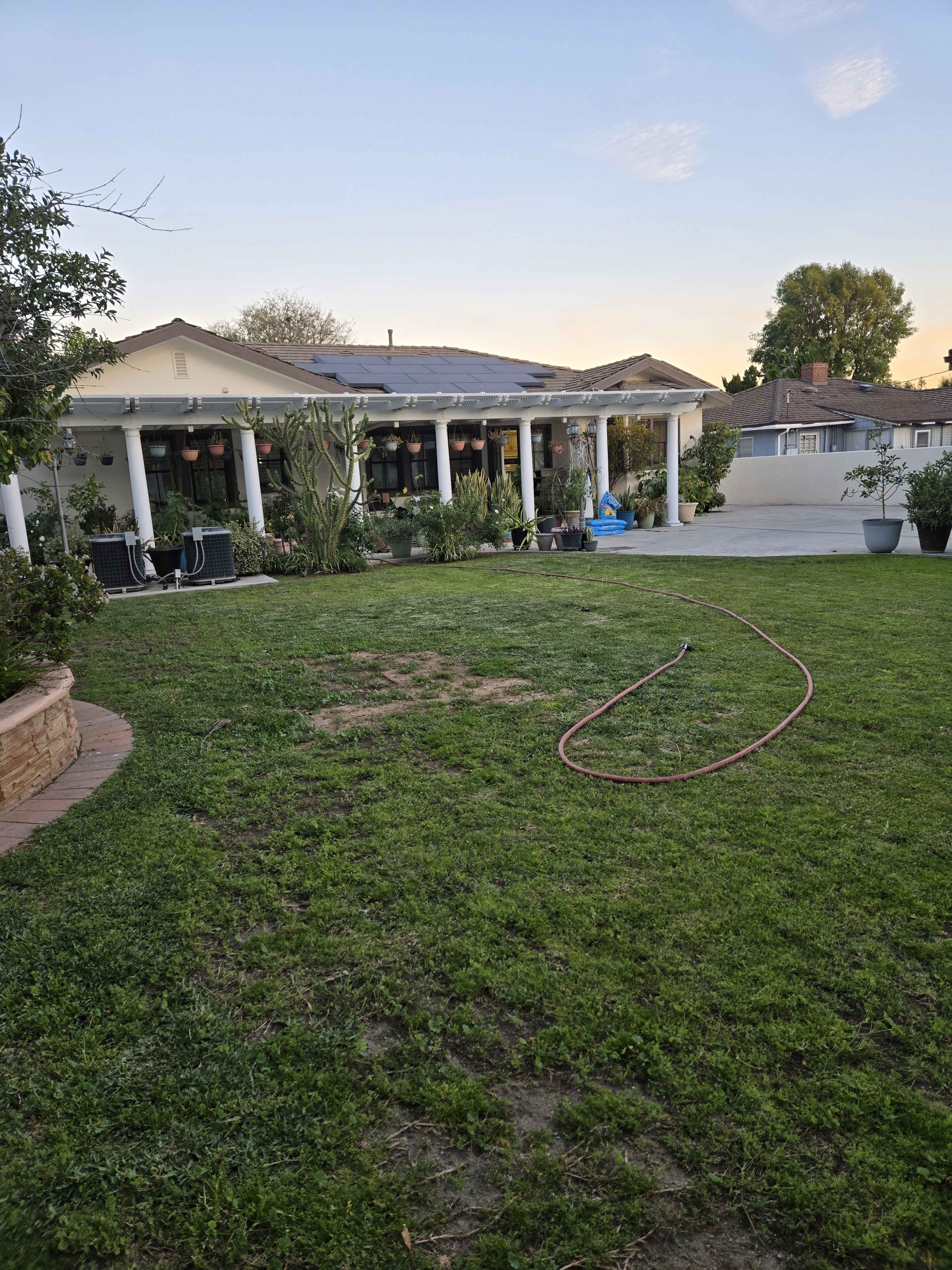 The image shows a backyard with a lawn, a house featuring a covered patio supported by white columns, and various plants scattered around, along with a garden hose coiled on the grass.