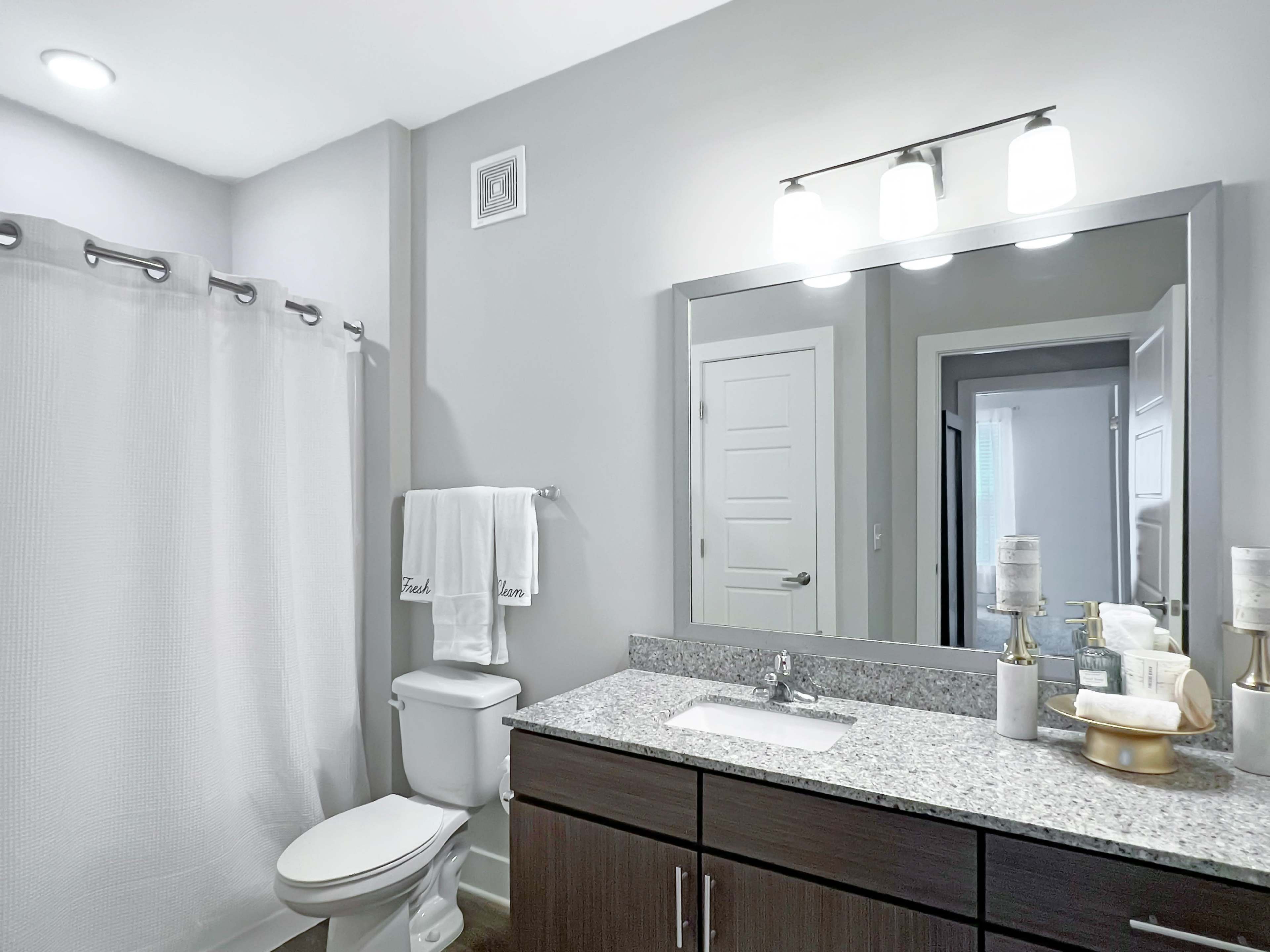 A modern bathroom features a vanity with a mirror, a sink, a toilet, and light gray walls, with a shower curtain and towels visible.