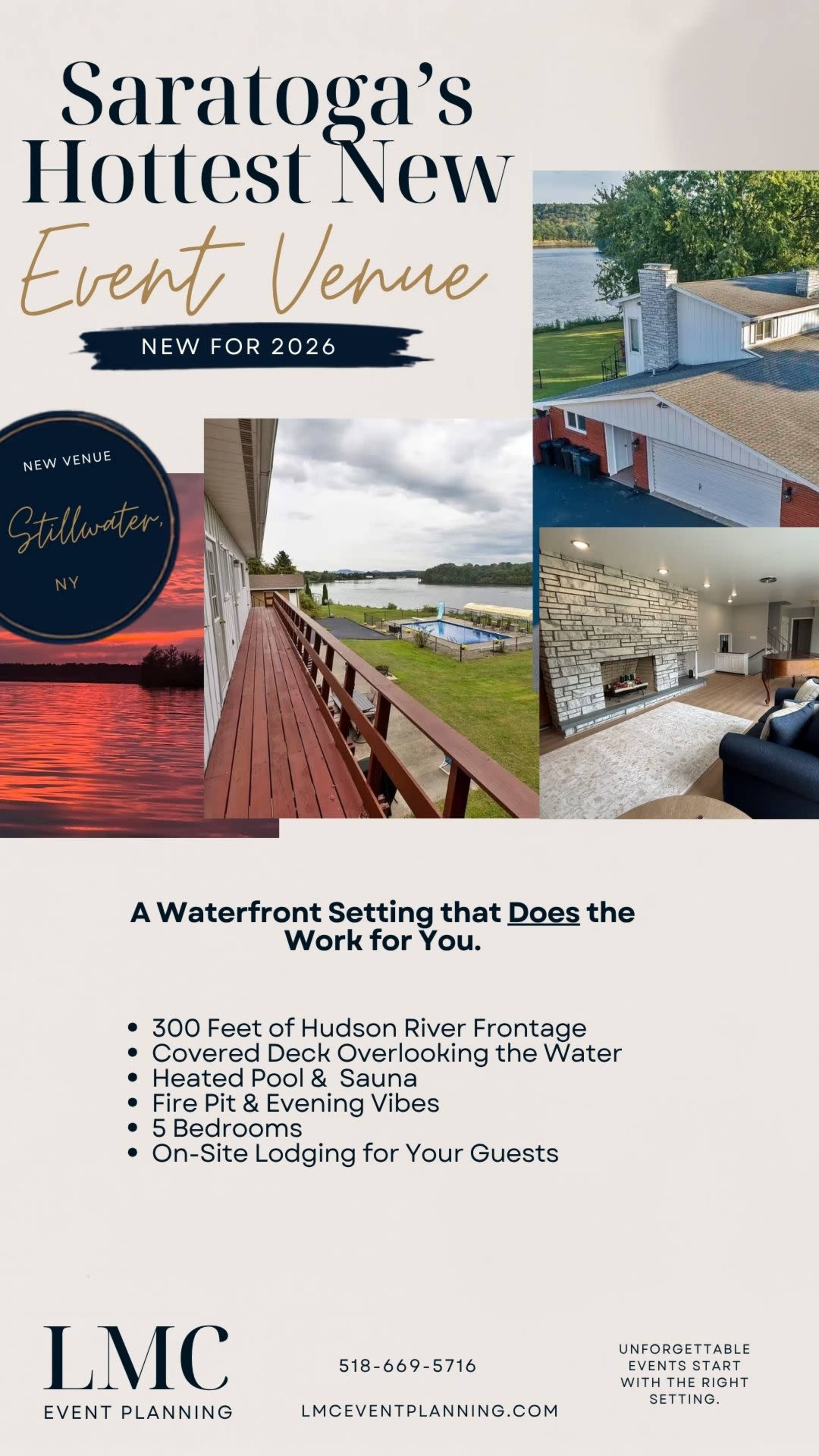 The image promotes a new waterfront event venue in Stillwater, NY, featuring a 300-foot Hudson River frontage, a covered deck, a heated pool, a sauna, five bedrooms, and onsite lodging for guests.