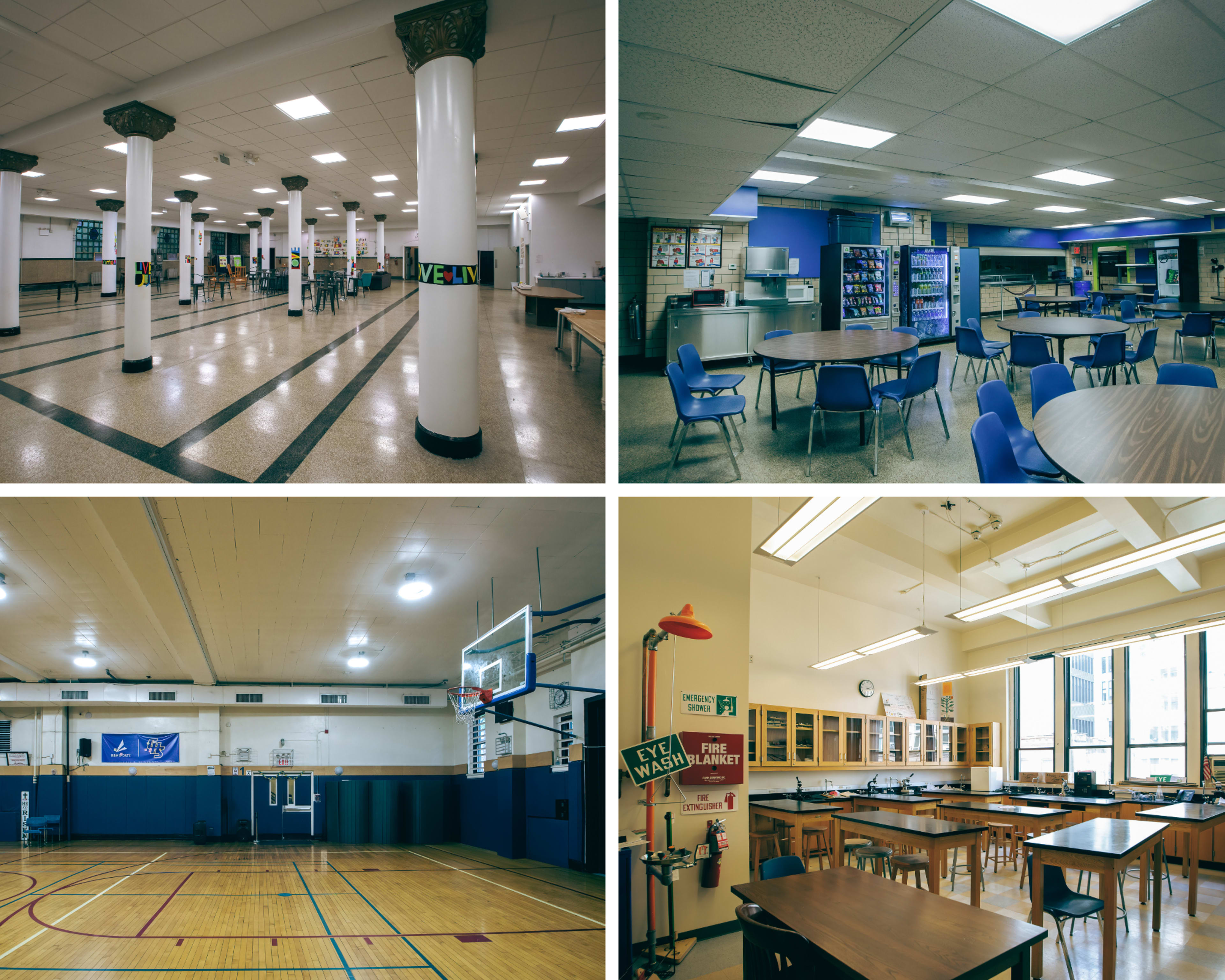 Four different indoor spaces, including a large hall with columns, a cafeteria area with tables, a gymnasium with basketball equipment, and a classroom with desks and windows.