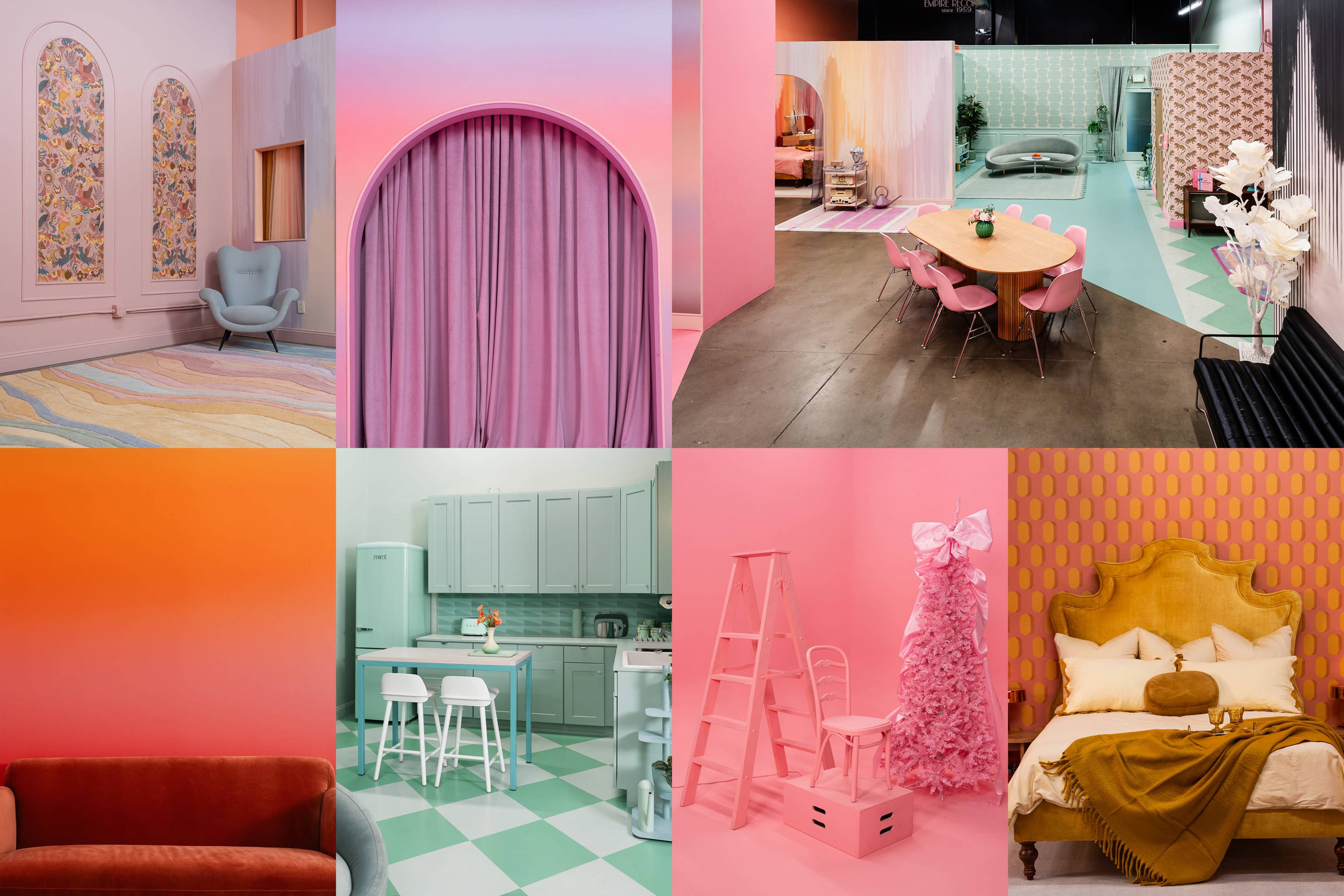 The image features a series of six scenes showcasing various colorful interior designs, including a living room, dining area, kitchen, and bedroom, all with vibrant pastel hues and distinct decor styles.