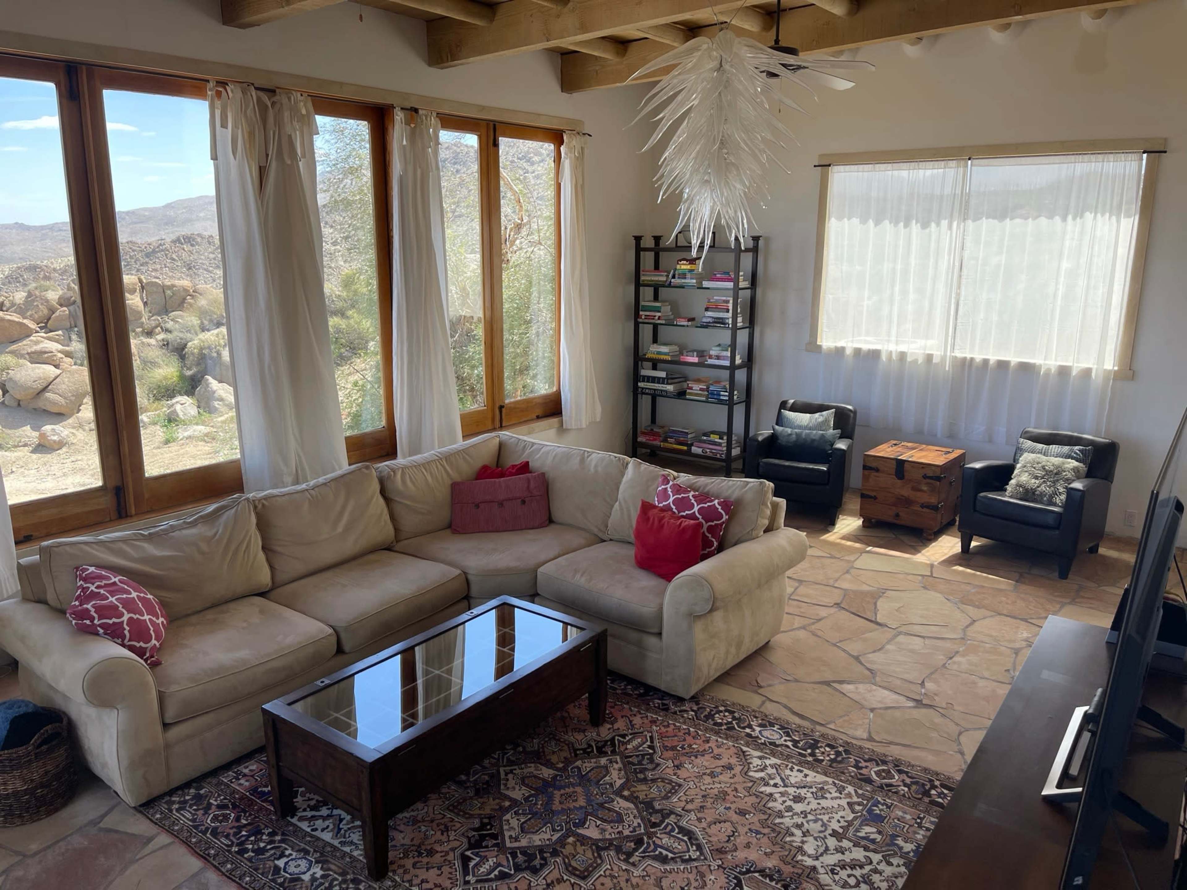 50-mile vista,  desert mountain home,  rustic interior, heavy timber ceilings, stone floors, with pool, hot tub - 45 mins from Palm Springs or Coachella site Image in , Mountain Center, CA