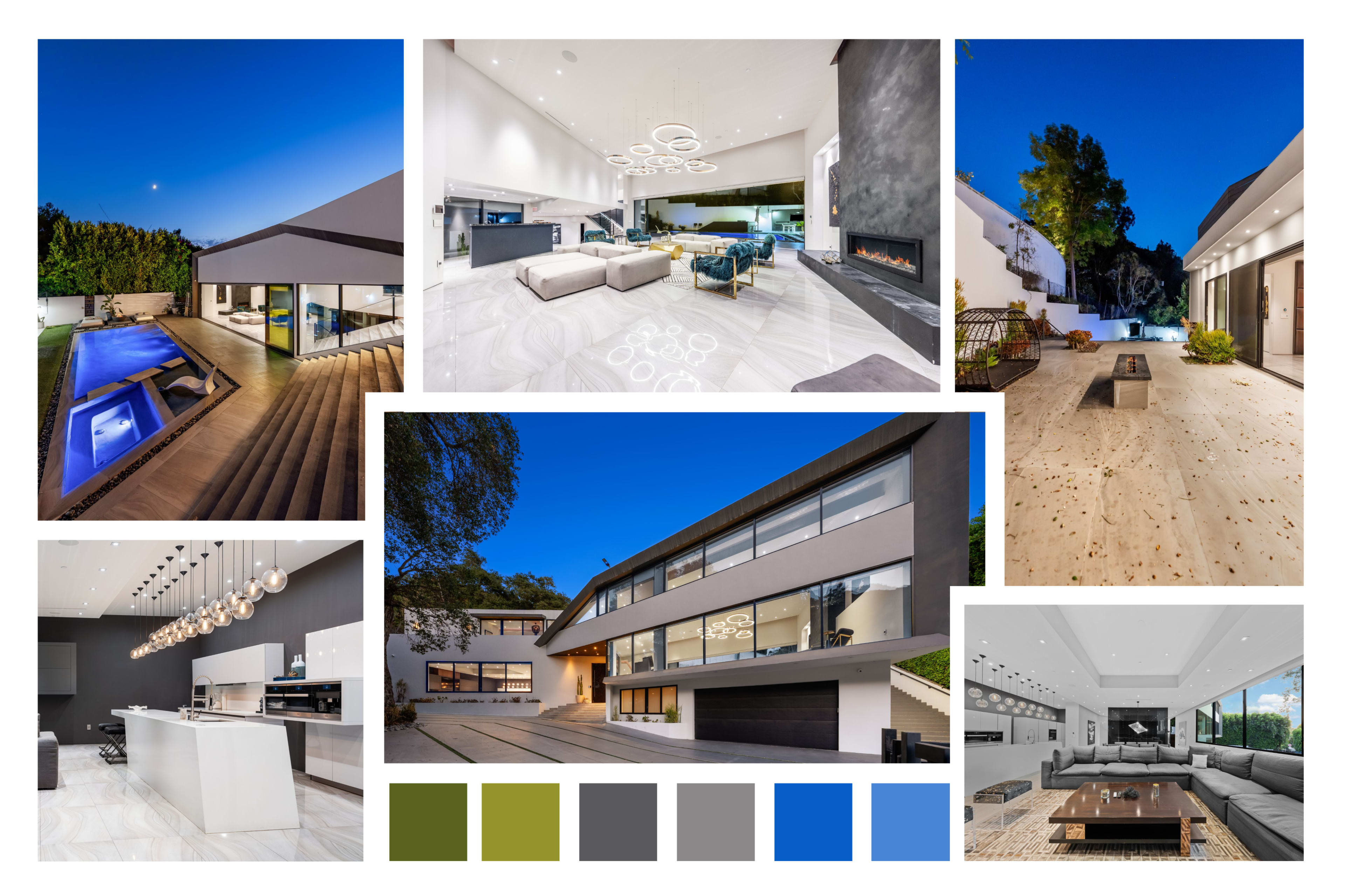 The image showcases a modern luxury home featuring sleek architecture, a swimming pool, spacious interiors, and various outdoor living areas with elegant lighting.