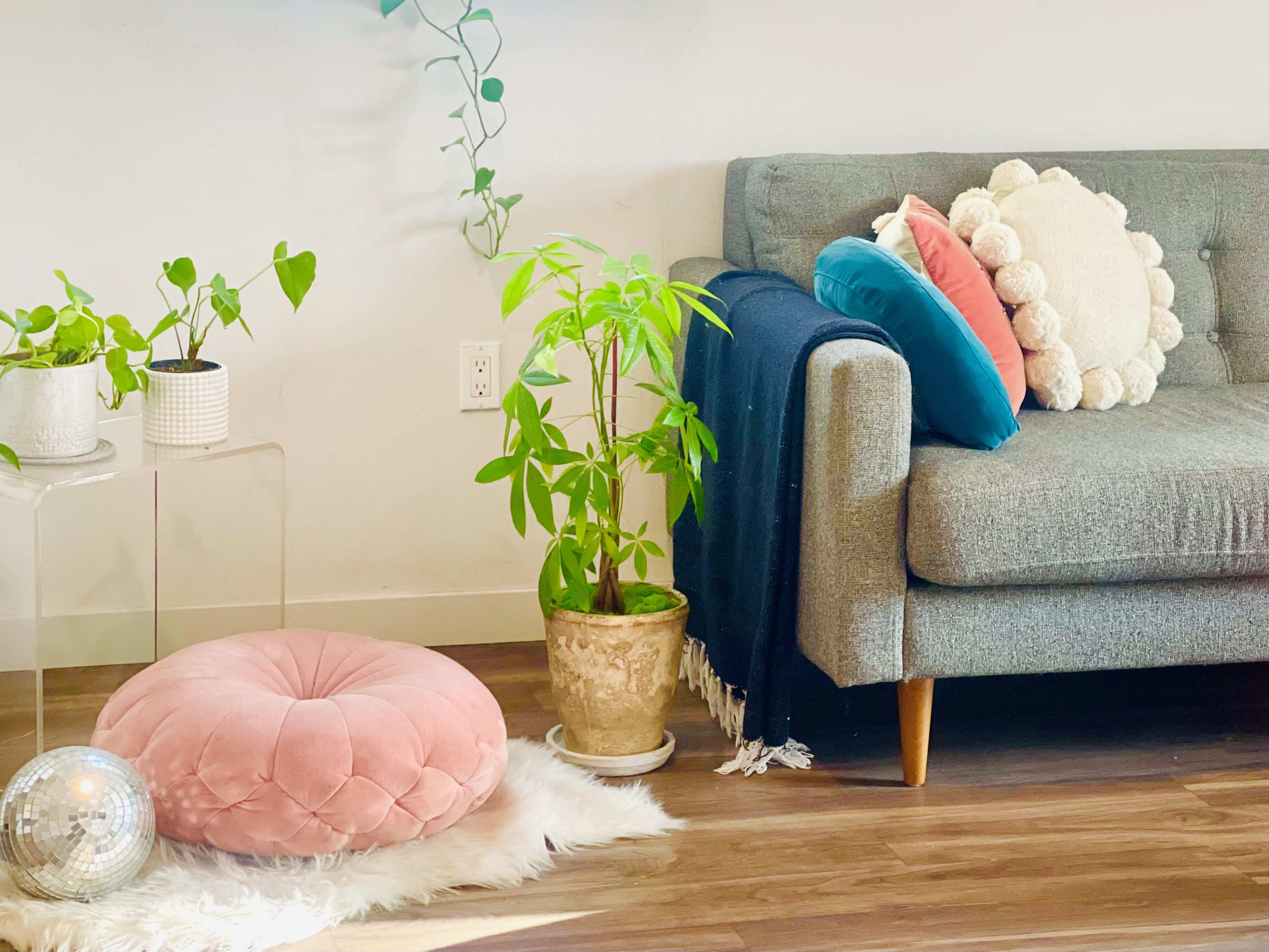 The scene features a cozy living area with a gray couch adorned with colorful pillows, a round pink cushion on the floor, a potted plant, and a small clear side table.