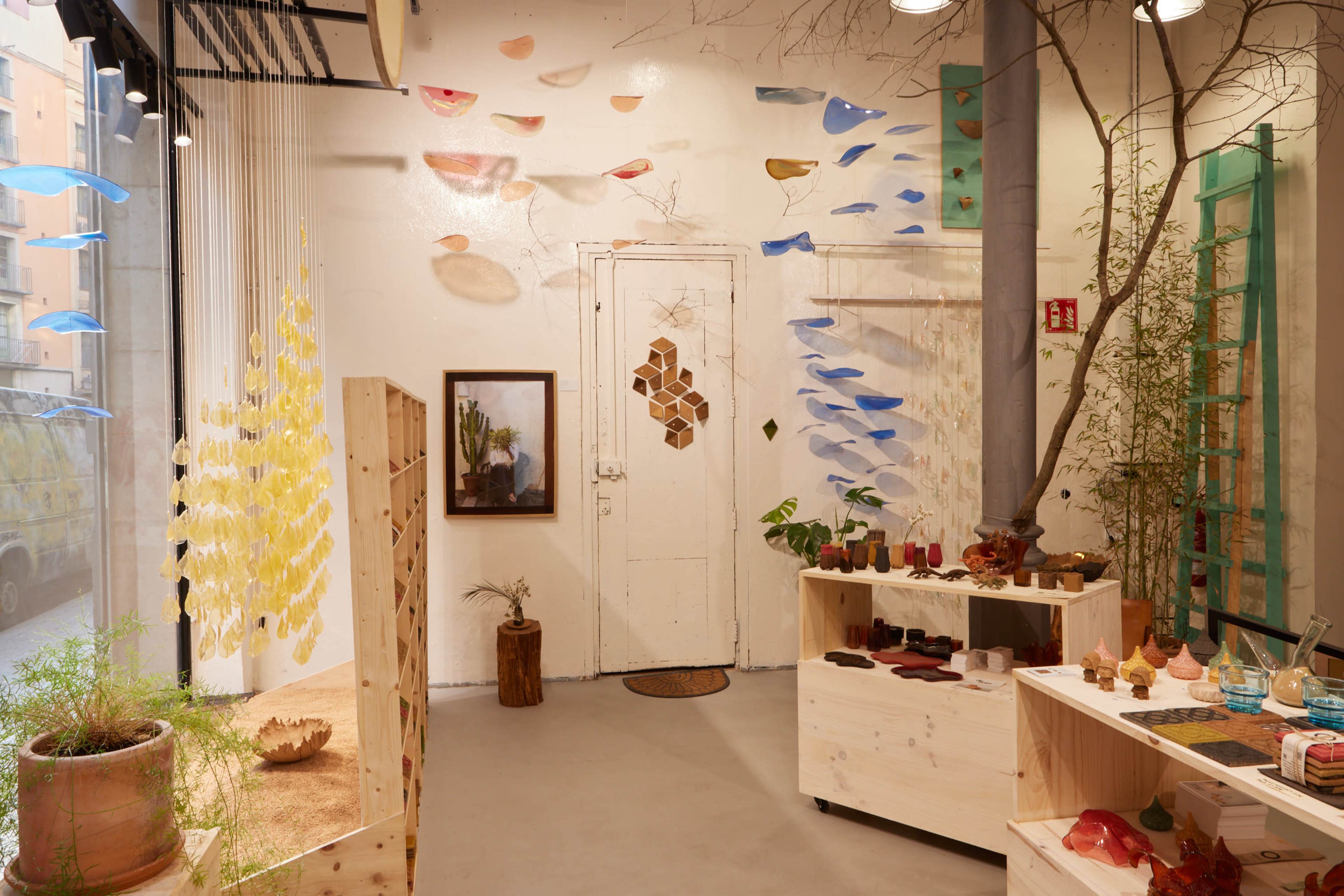 The scene features an art installation in a light-filled room with colorful fish-shaped decor on the walls, wooden display tables, and plants arranged throughout.