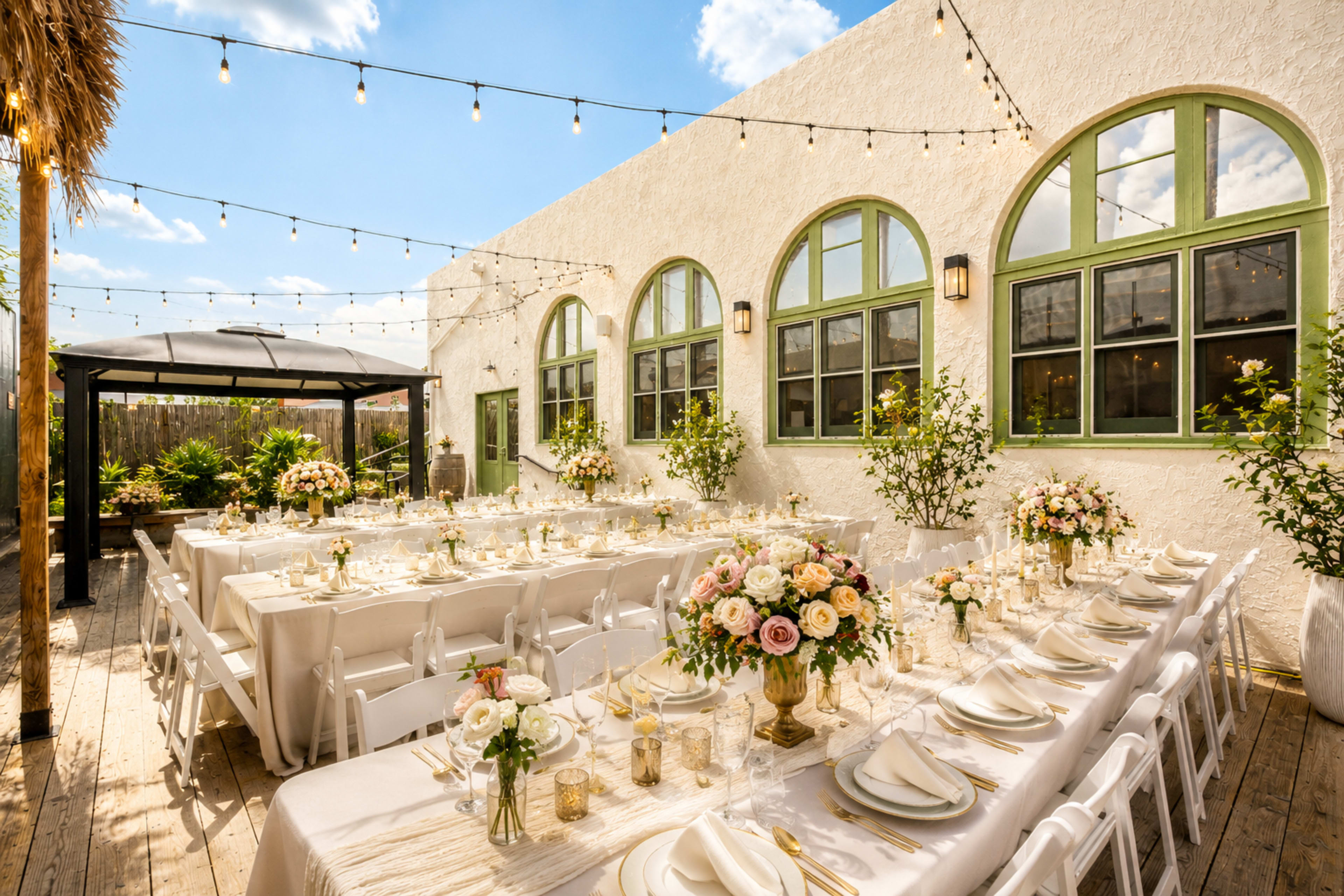The image shows a decorated outdoor dining area with long tables set for an event, adorned with floral centerpieces and string lights overhead.