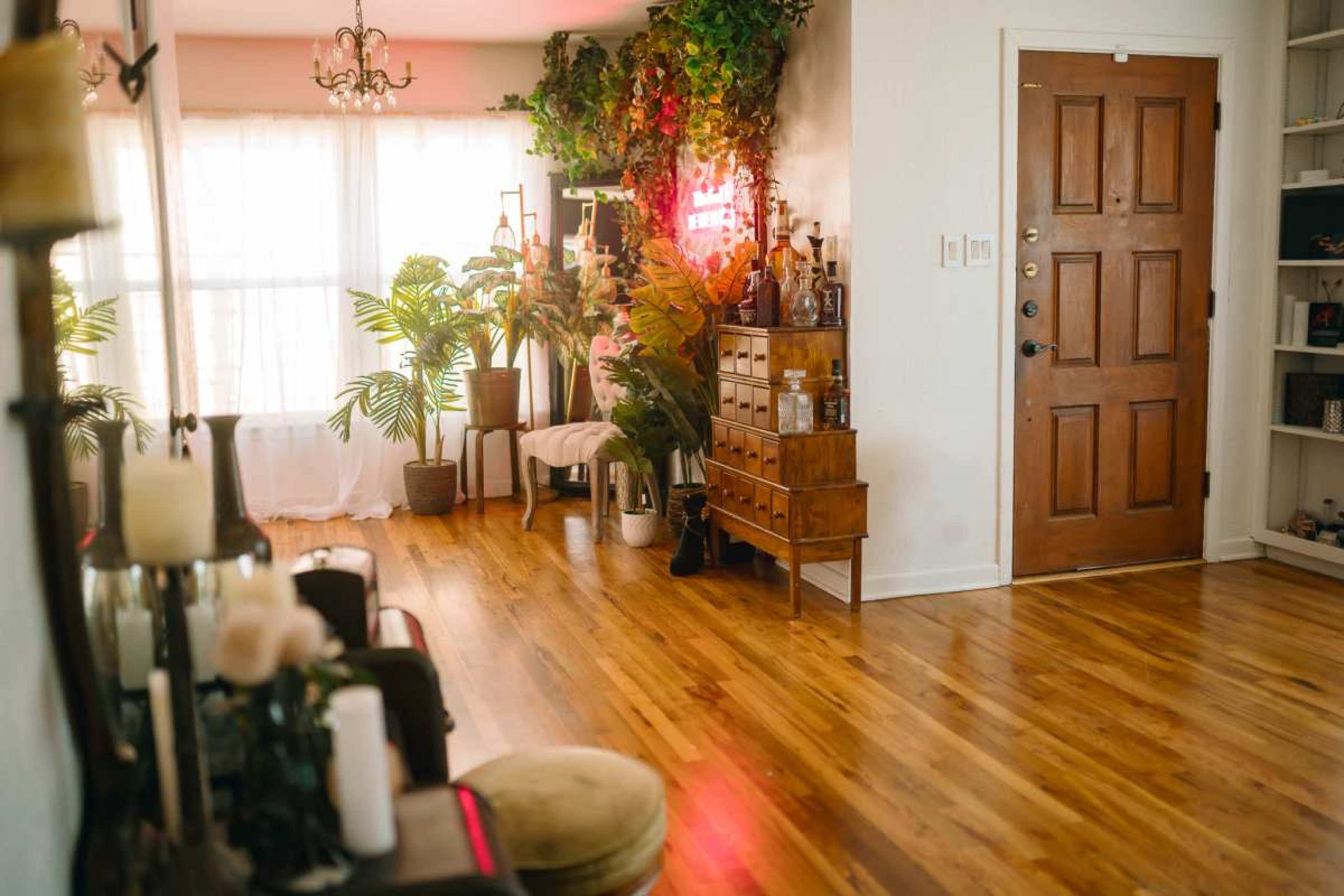 The image shows a well-lit room featuring wooden flooring, a decorative wooden dresser, indoor plants, and a visible front door.