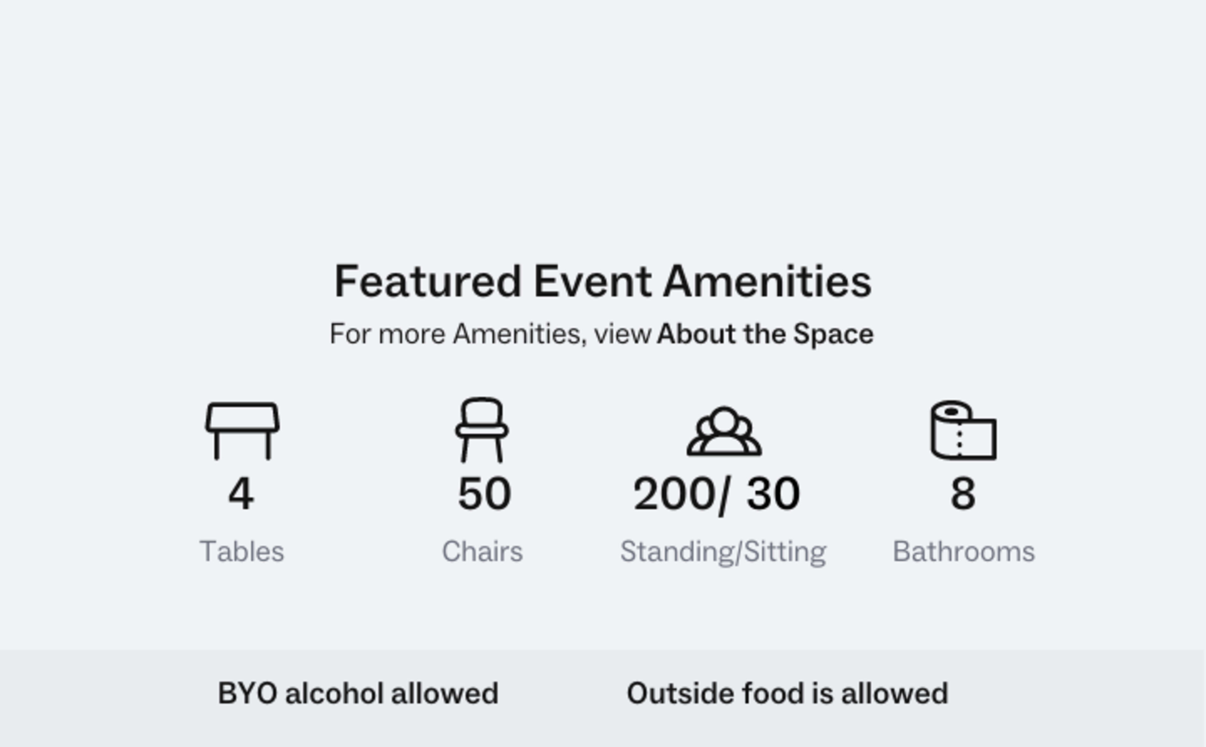 The image lists event amenities, including 4 tables, 50 chairs, a capacity of 200 for standing or 30 for sitting, and 8 bathrooms, along with notes about allowing BYO alcohol and outside food.
