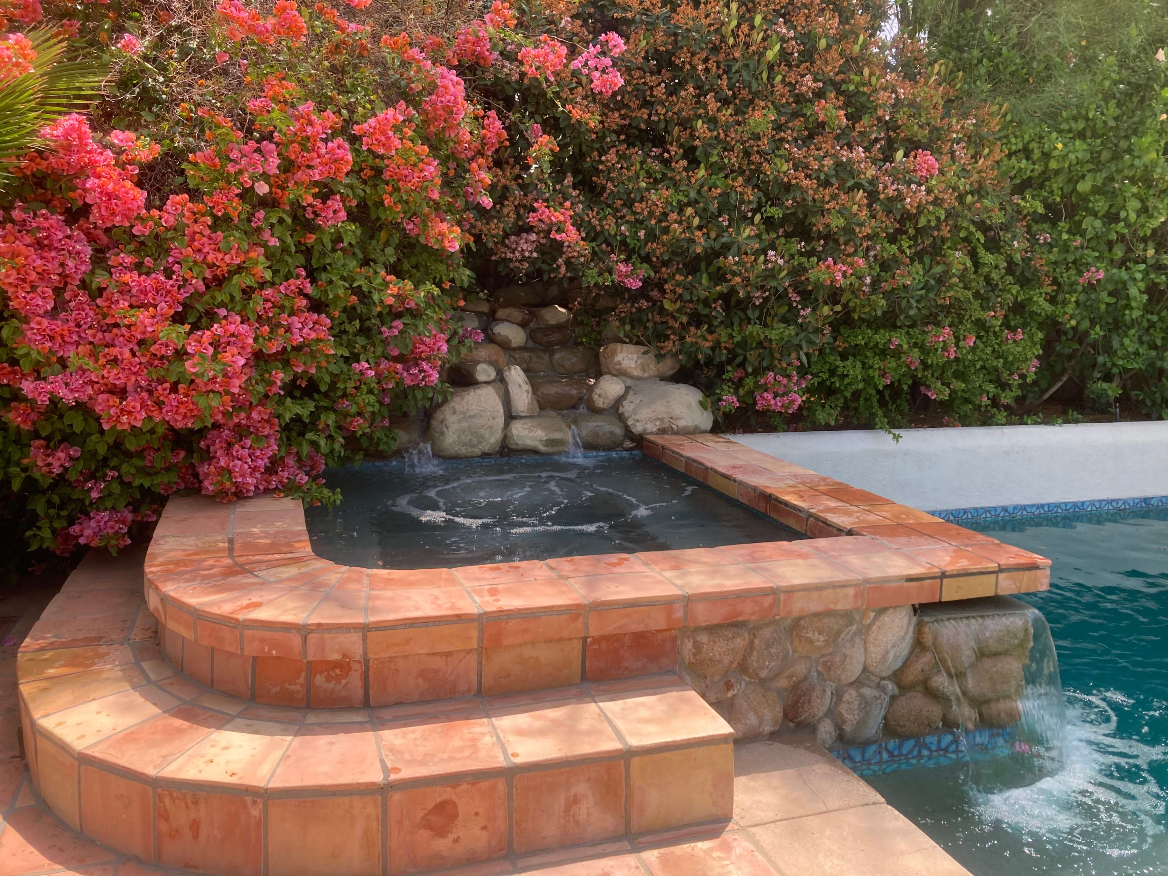 A stone hot tub with a tiled edge is positioned next to a pool, surrounded by lush flowering plants.