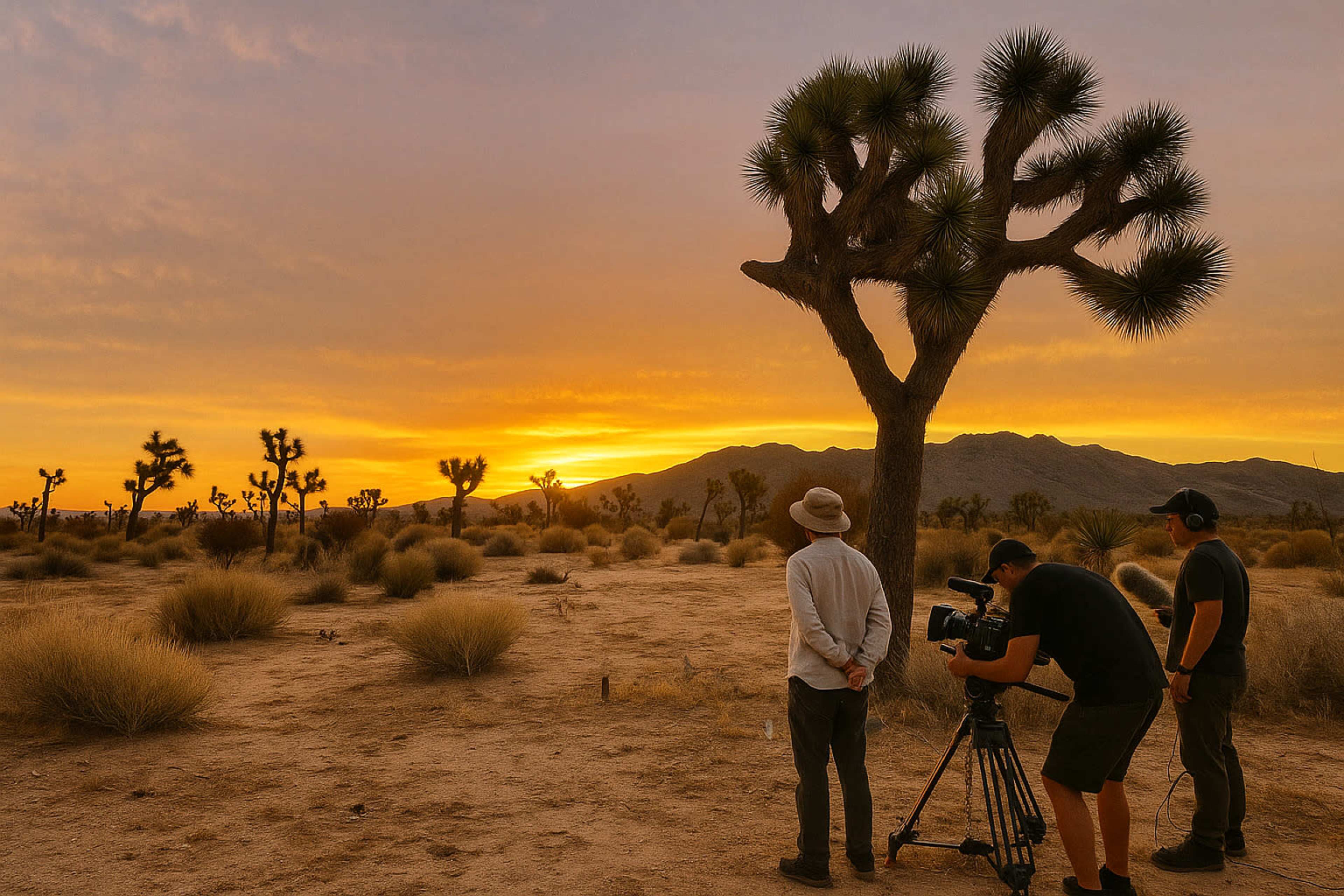 A film crew sets up to shoot a scene against a desert landscape with Joshua trees at sunset.