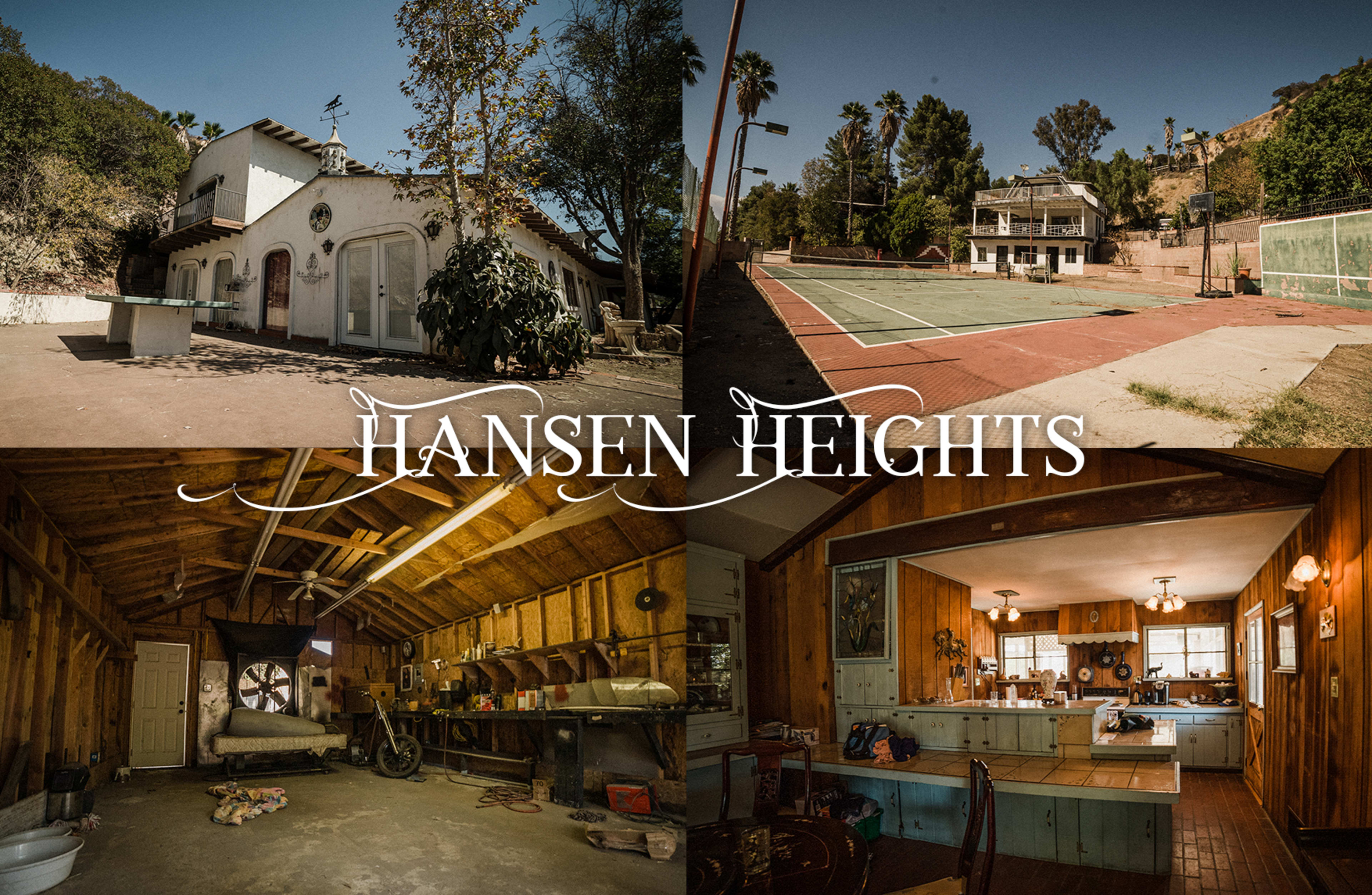 A collage of a residential property named "Hansen Heights," featuring an exterior view of a house, a tennis court, a garage space, and an interior kitchen.