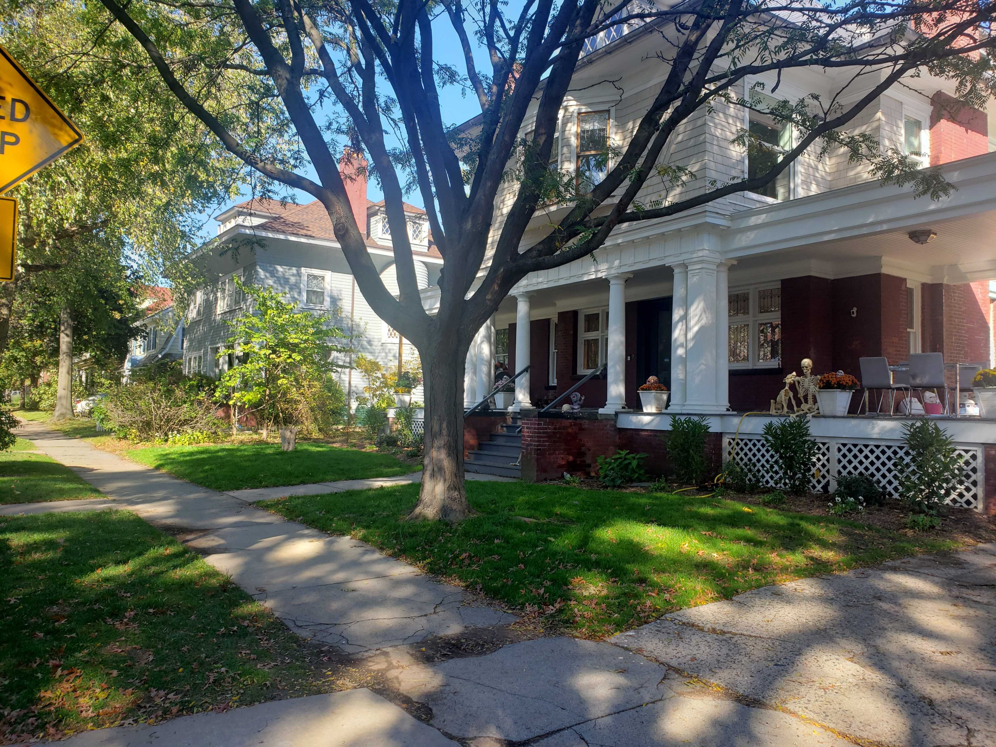 A tree provides shade over a sidewalk lined with two houses featuring front porches and well-maintained yards.