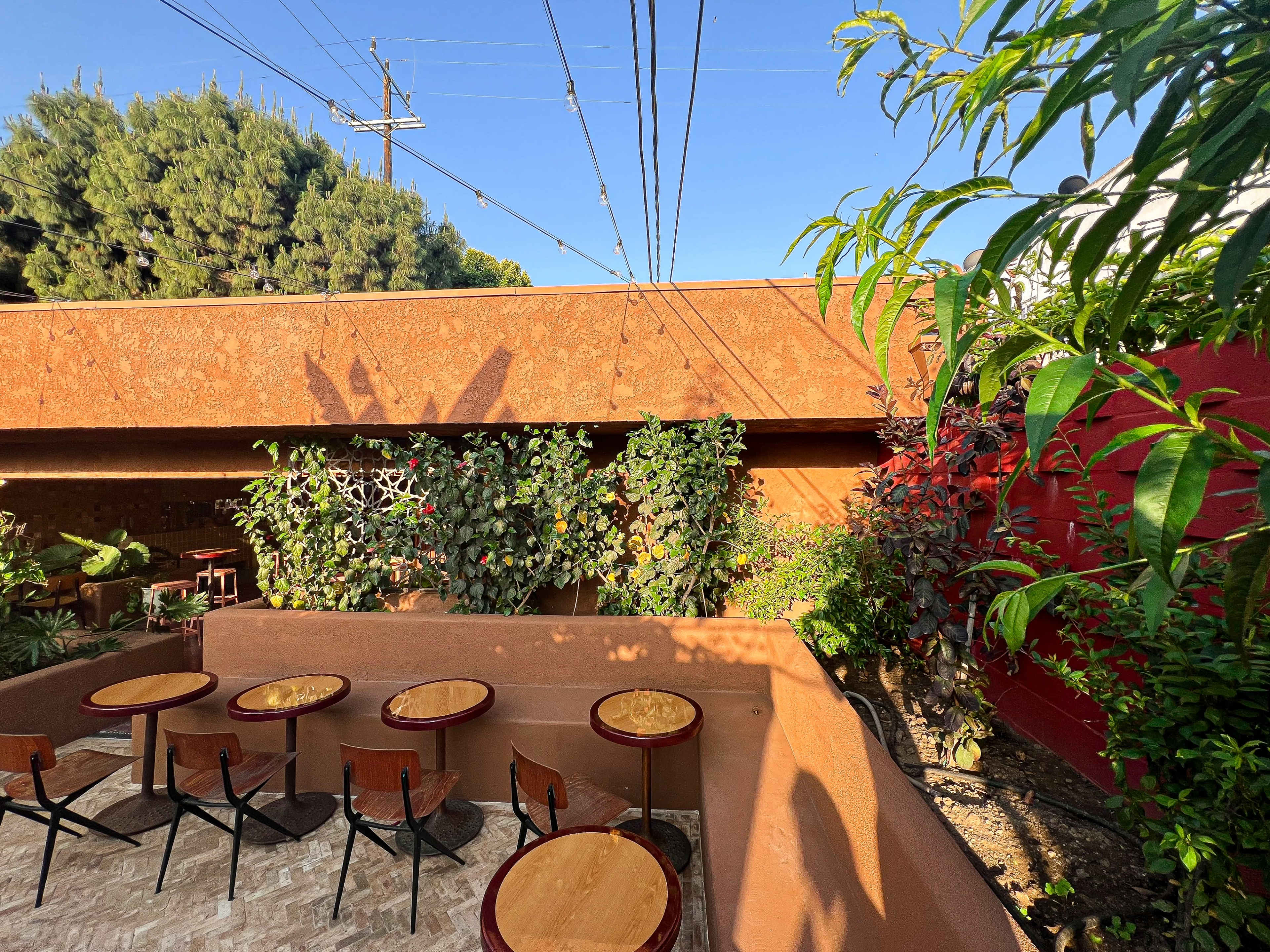 The image depicts an outdoor seating area with wooden tables and chairs surrounded by plants and a textured wall under a clear blue sky.