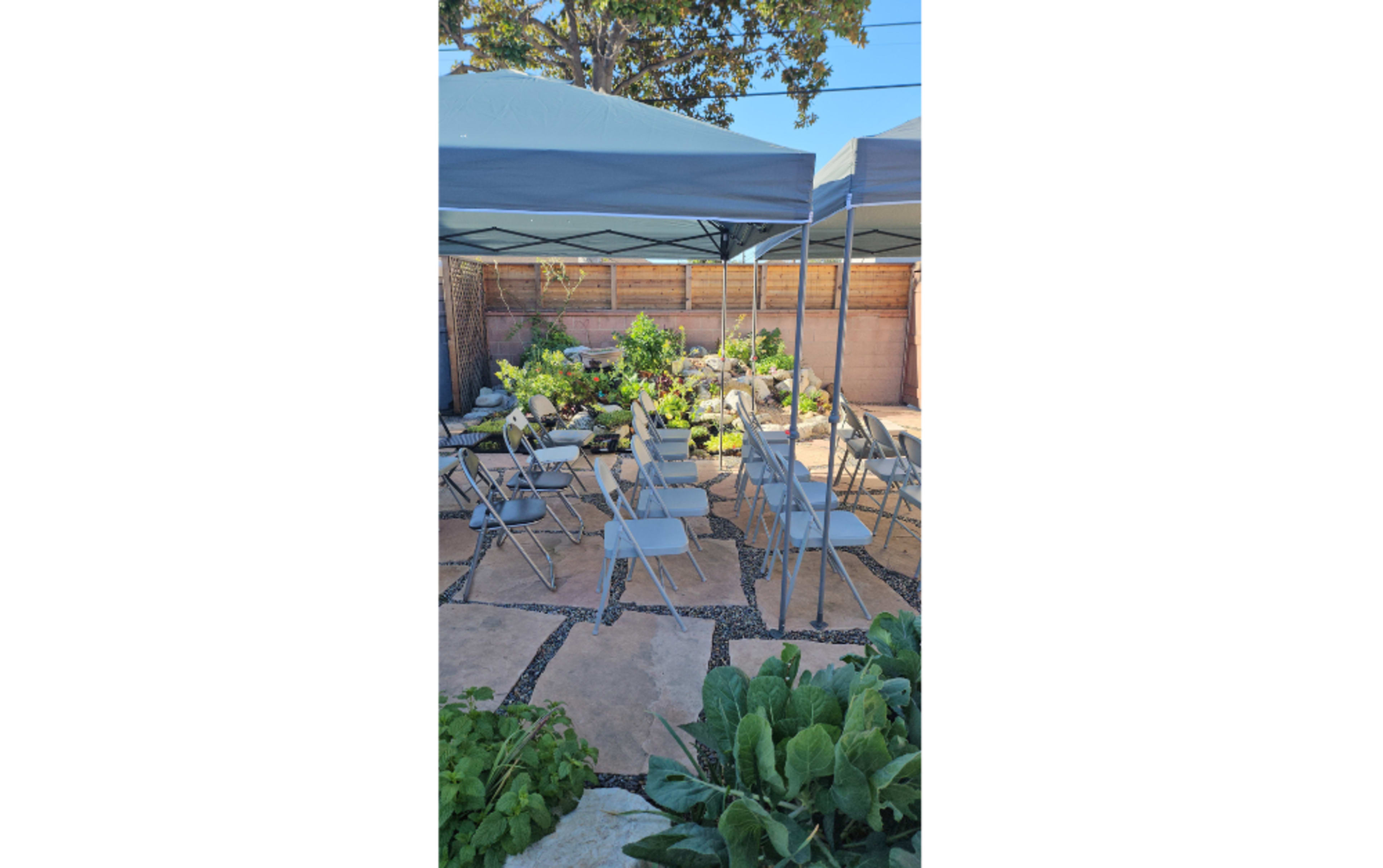 A shaded outdoor space features several folding chairs arranged around a garden area with plants and rocks.