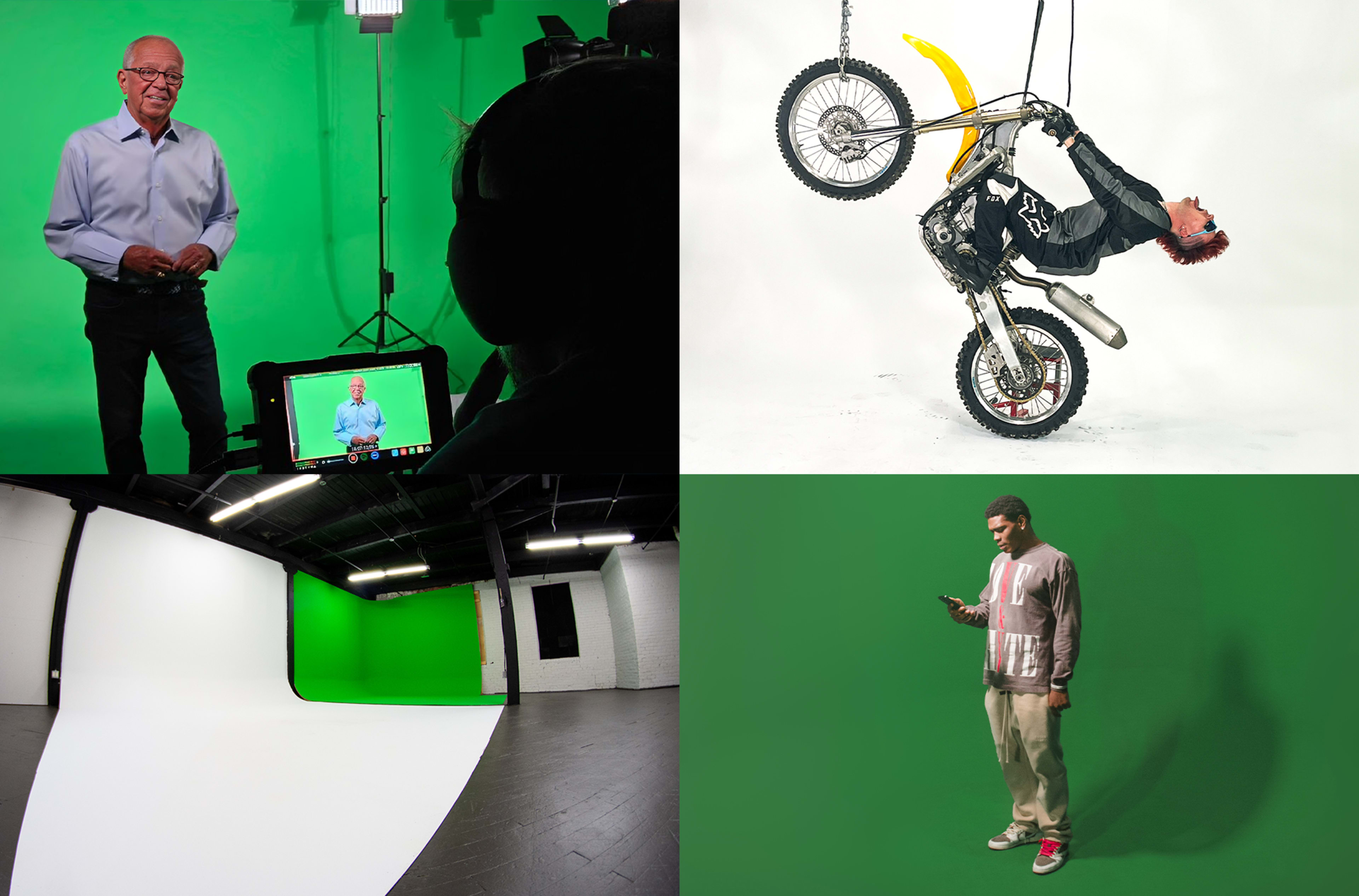 A split scene with four quadrants: a man speaking on camera in front of a green screen, a motorcycle stunt performer doing a trick, a large empty studio with white and green backdrops, and a man using a mobile phone while standing in front of a green backdrop.