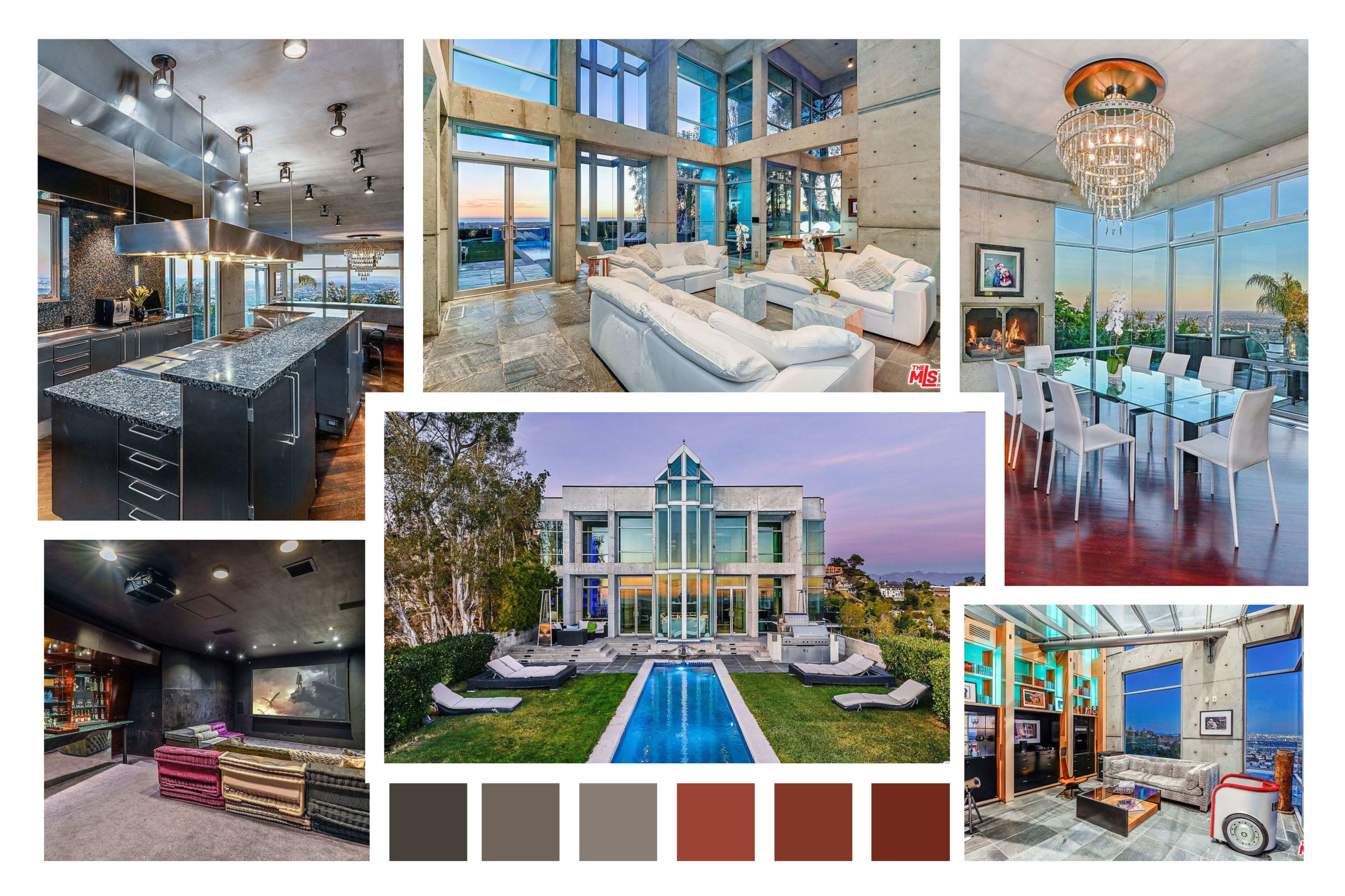 The image showcases a modern home interior and exterior, featuring an open-concept kitchen, spacious living area with large windows, a dining area, a movie room, and an outdoor pool surrounded by lounge chairs and a landscaped yard.