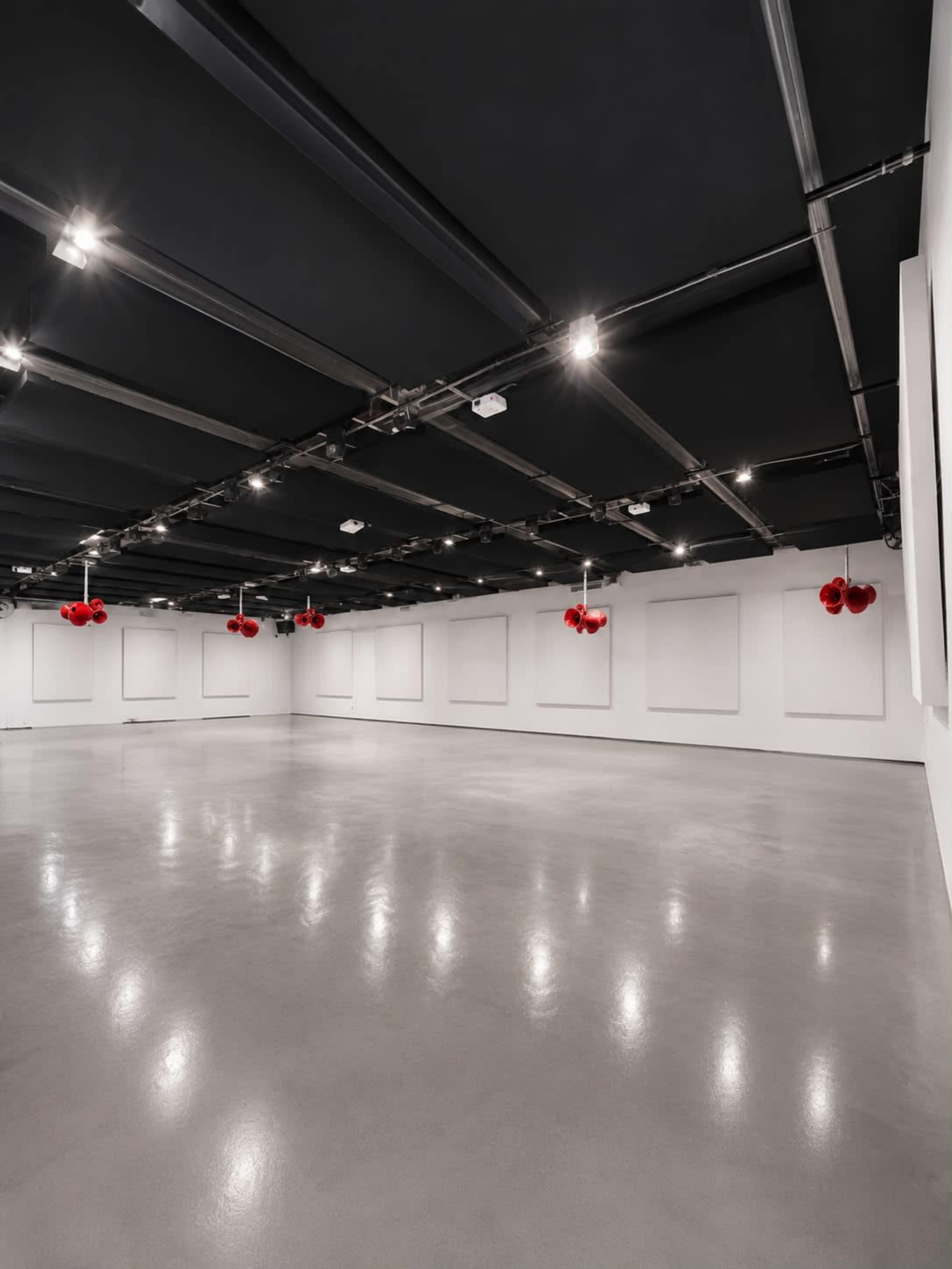 The image shows a spacious gallery with a polished concrete floor, white walls, and several red circular sculptures hanging from the ceiling.