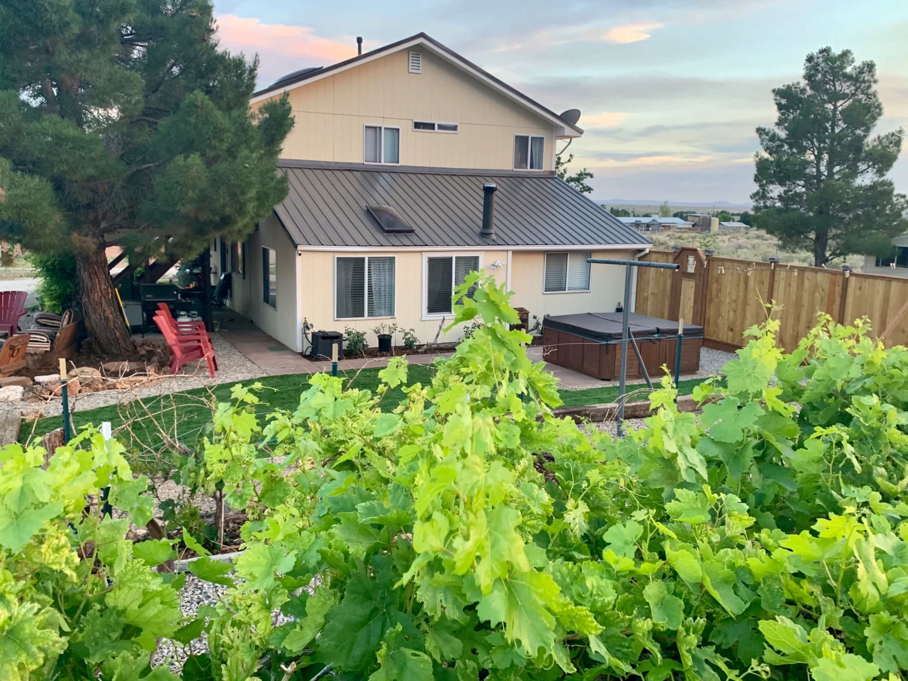 A two-story house with a metal roof is situated behind a vibrant garden filled with green plants, featuring a hot tub and a wooden fence nearby.