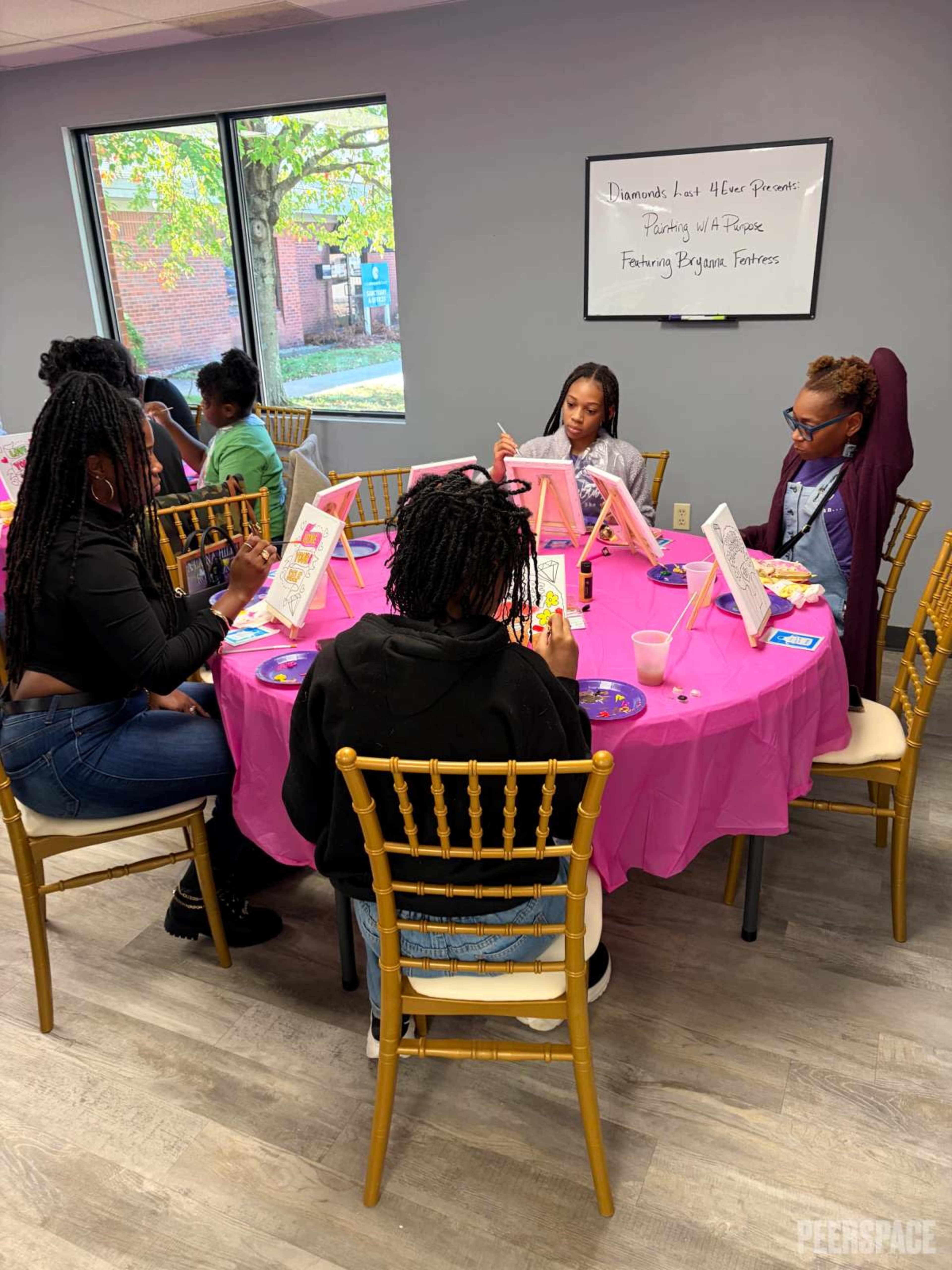 A group of people is sitting around a table covered with a pink cloth, each working on painting canvases during a creative event.