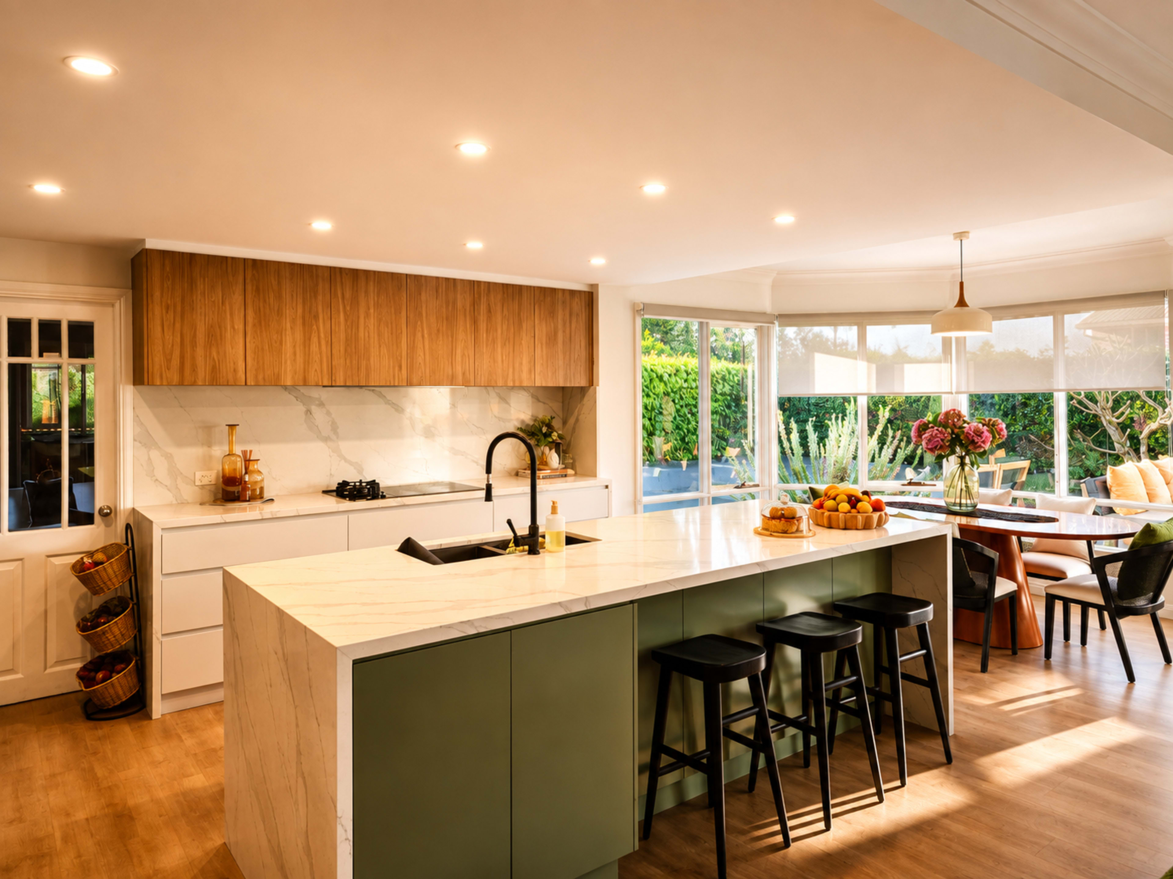 The image shows a modern kitchen with an island featuring a marble countertop, green cabinetry, and a dining area with large windows overlooking a garden.