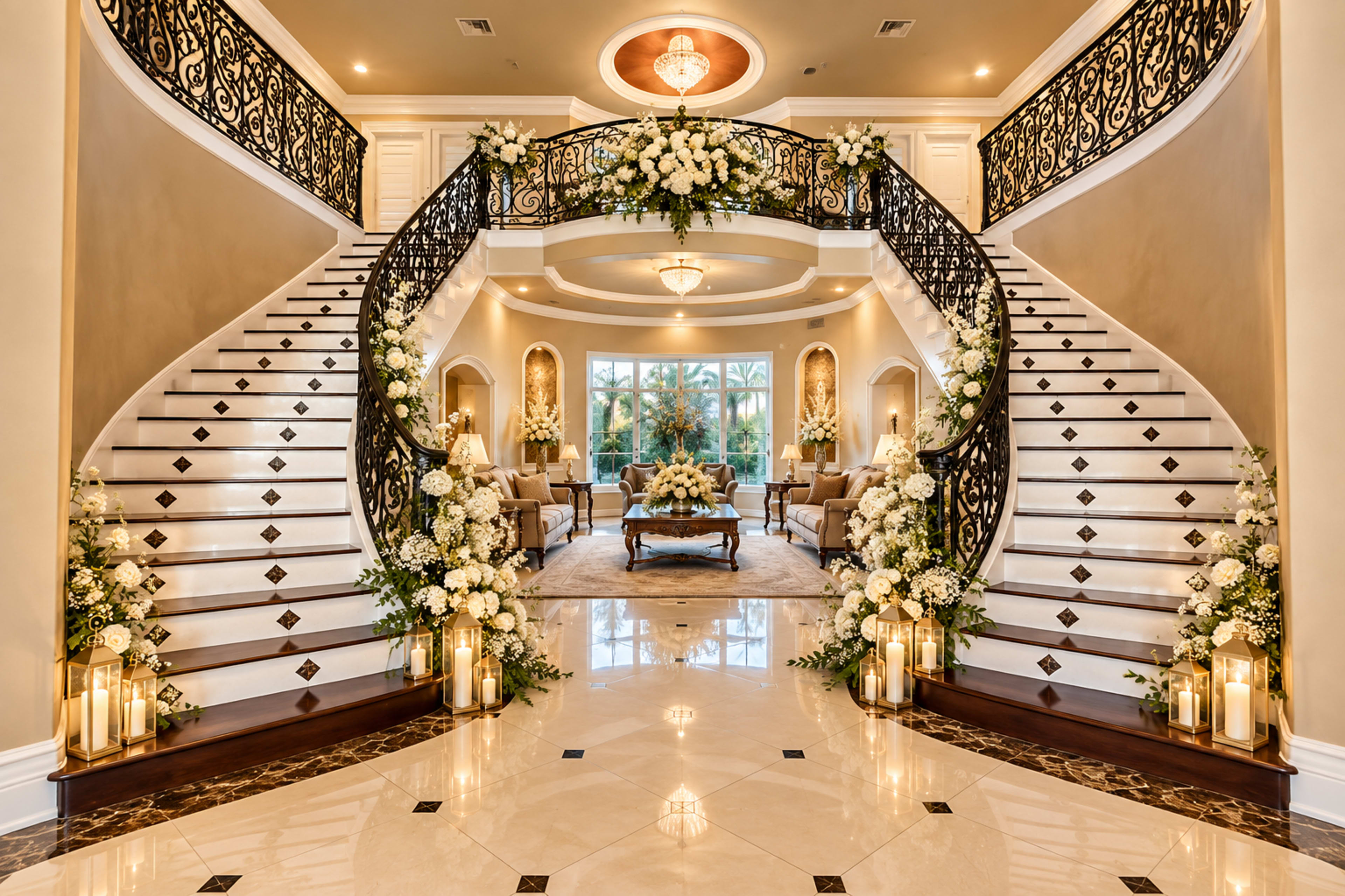 A grand entrance features a double staircase with decorative iron railings, flanked by floral arrangements and illuminated by candles.