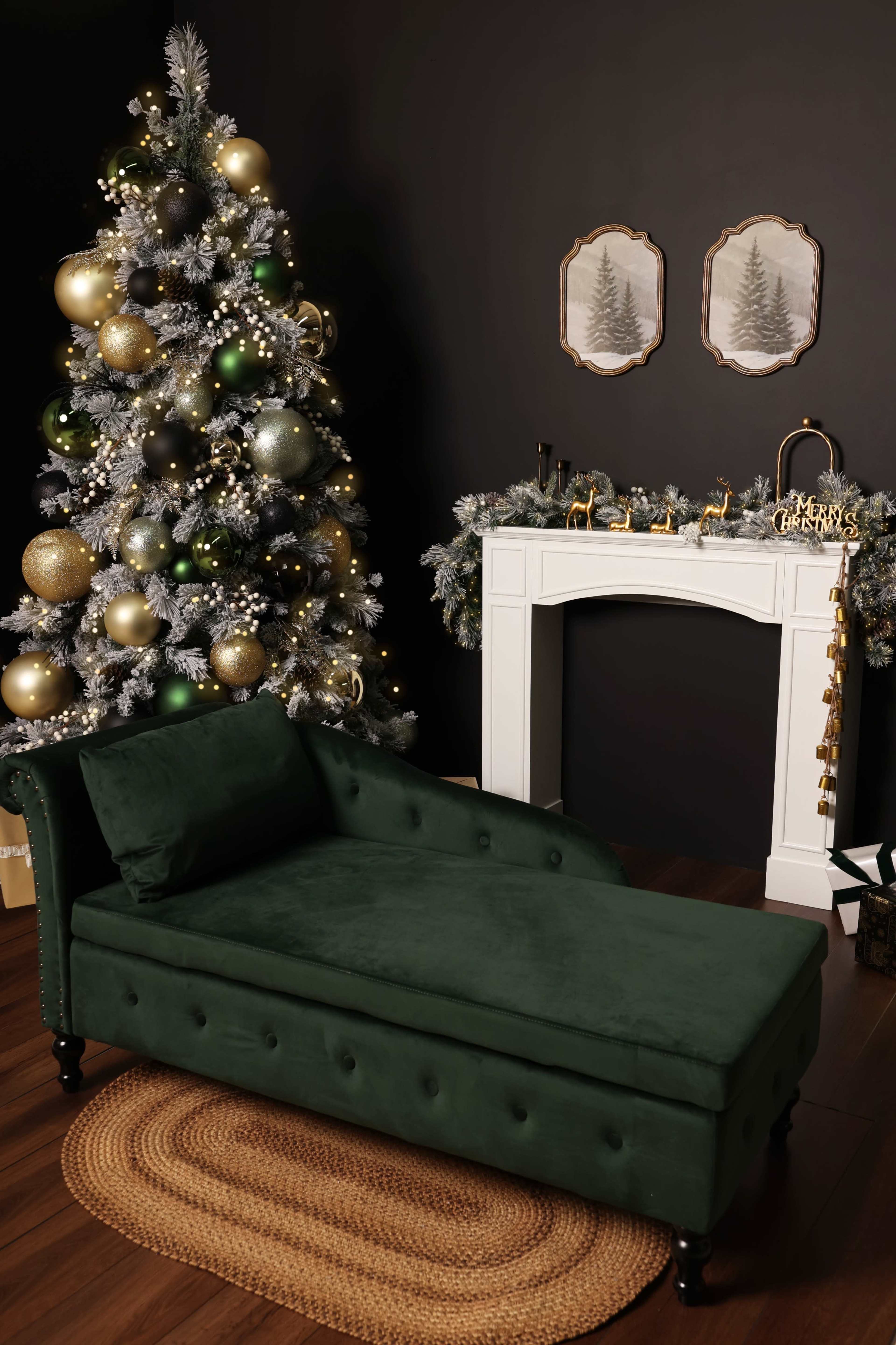 The scene features a green chaise lounge in front of a decorated Christmas tree and a white mantel adorned with holiday decorations.