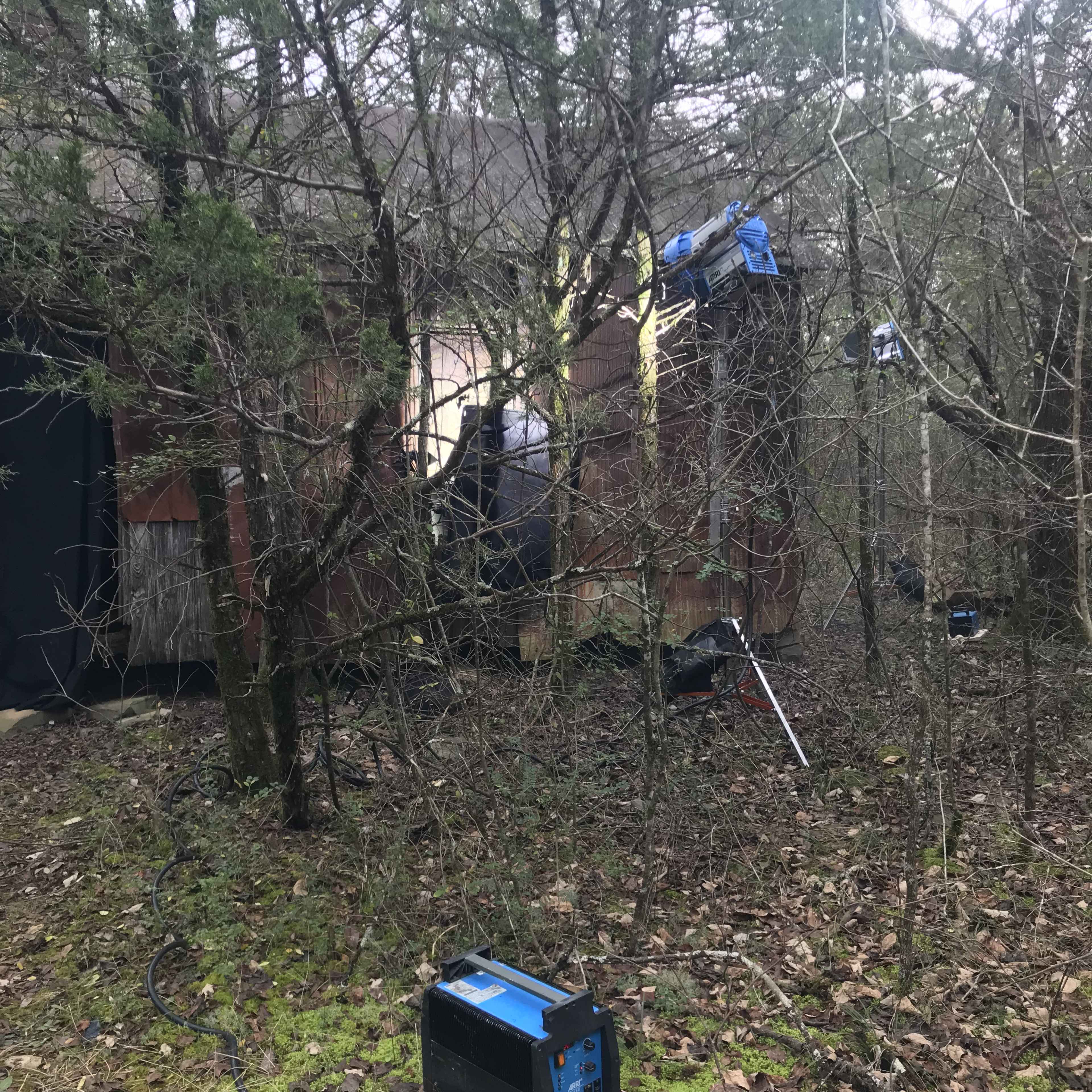 A small, weathered cabin is partially obscured by overgrown trees and underbrush, with equipment set up nearby.