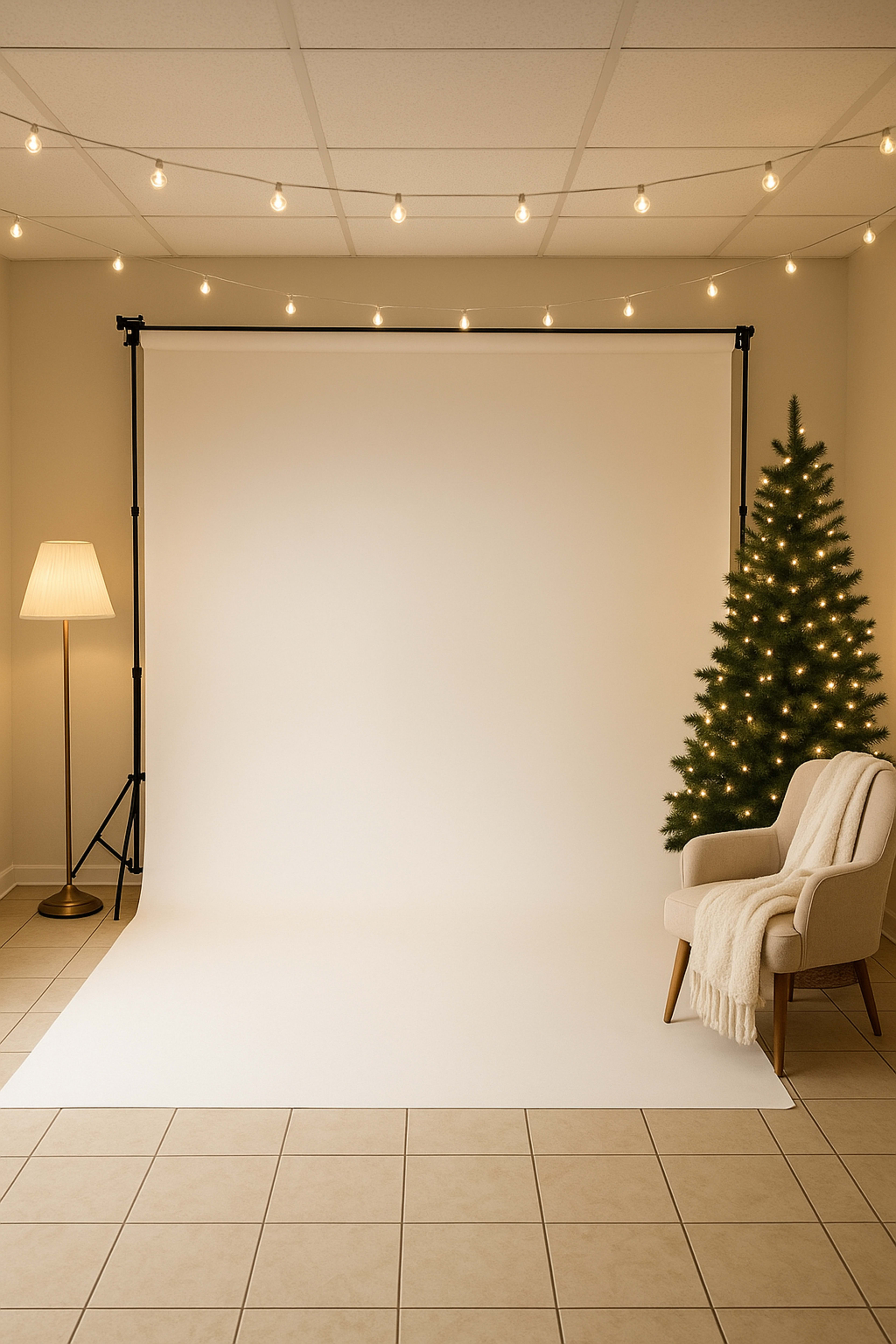The image shows a studio space with a blank white backdrop, a decorative Christmas tree in a corner, a chair, and string lights on the ceiling.