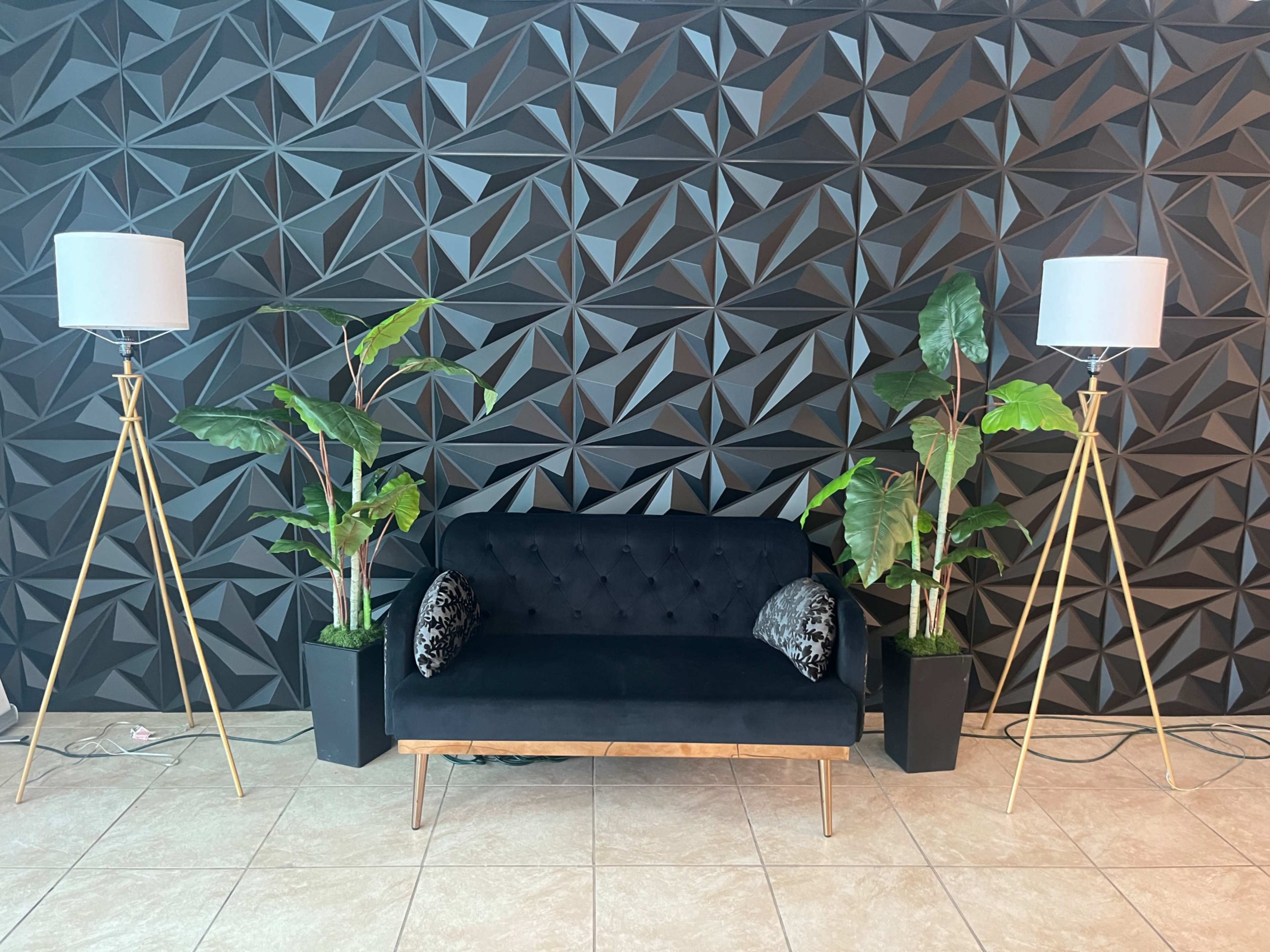 The image shows a modern black sofa with decorative pillows placed against a three-dimensional textured wall, flanked by two tall floor lamps and two potted plants in decorative containers.