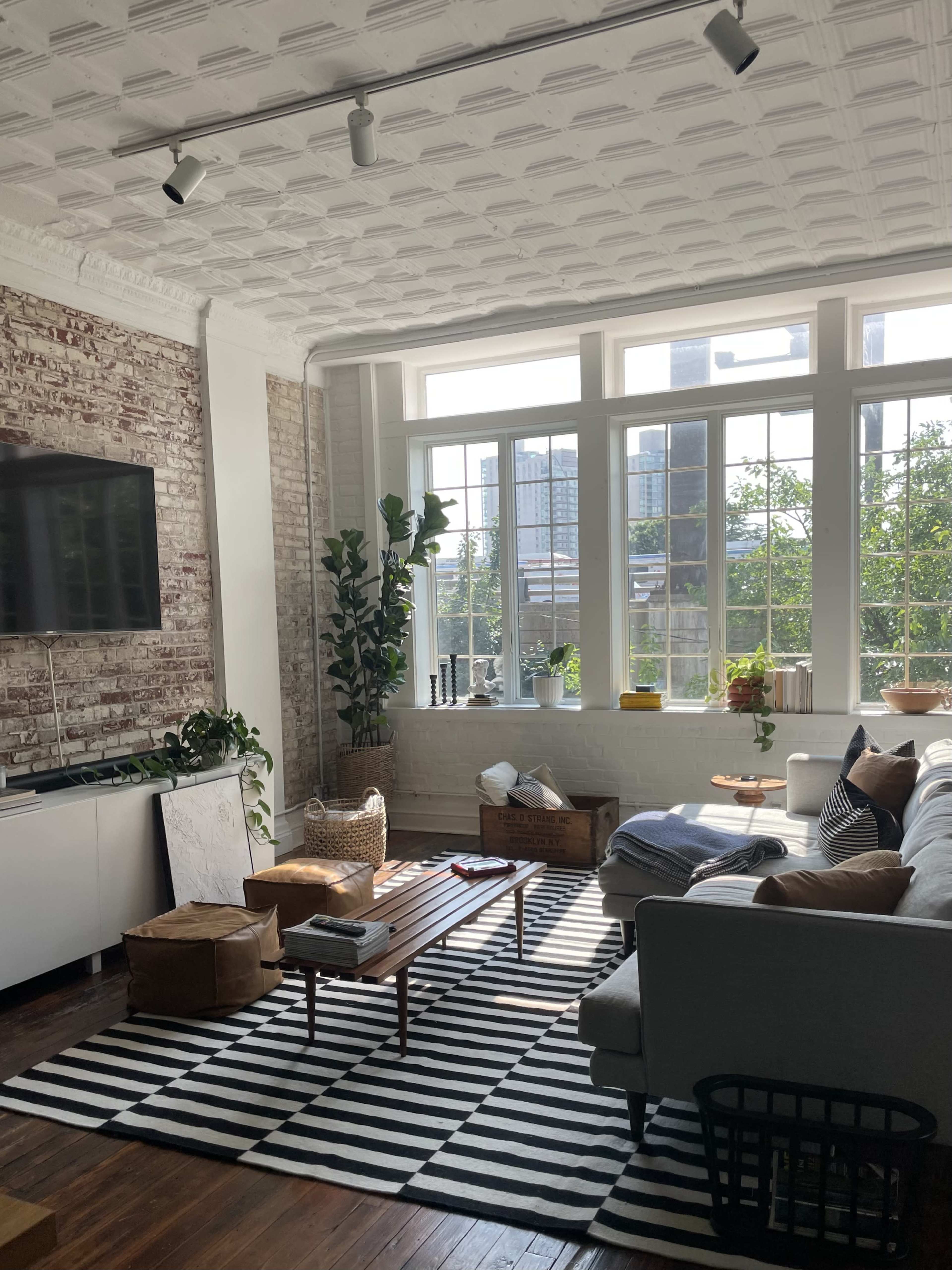 A modern living room with large windows, a gray sectional sofa, a striped rug, a wooden coffee table, and indoor plants.