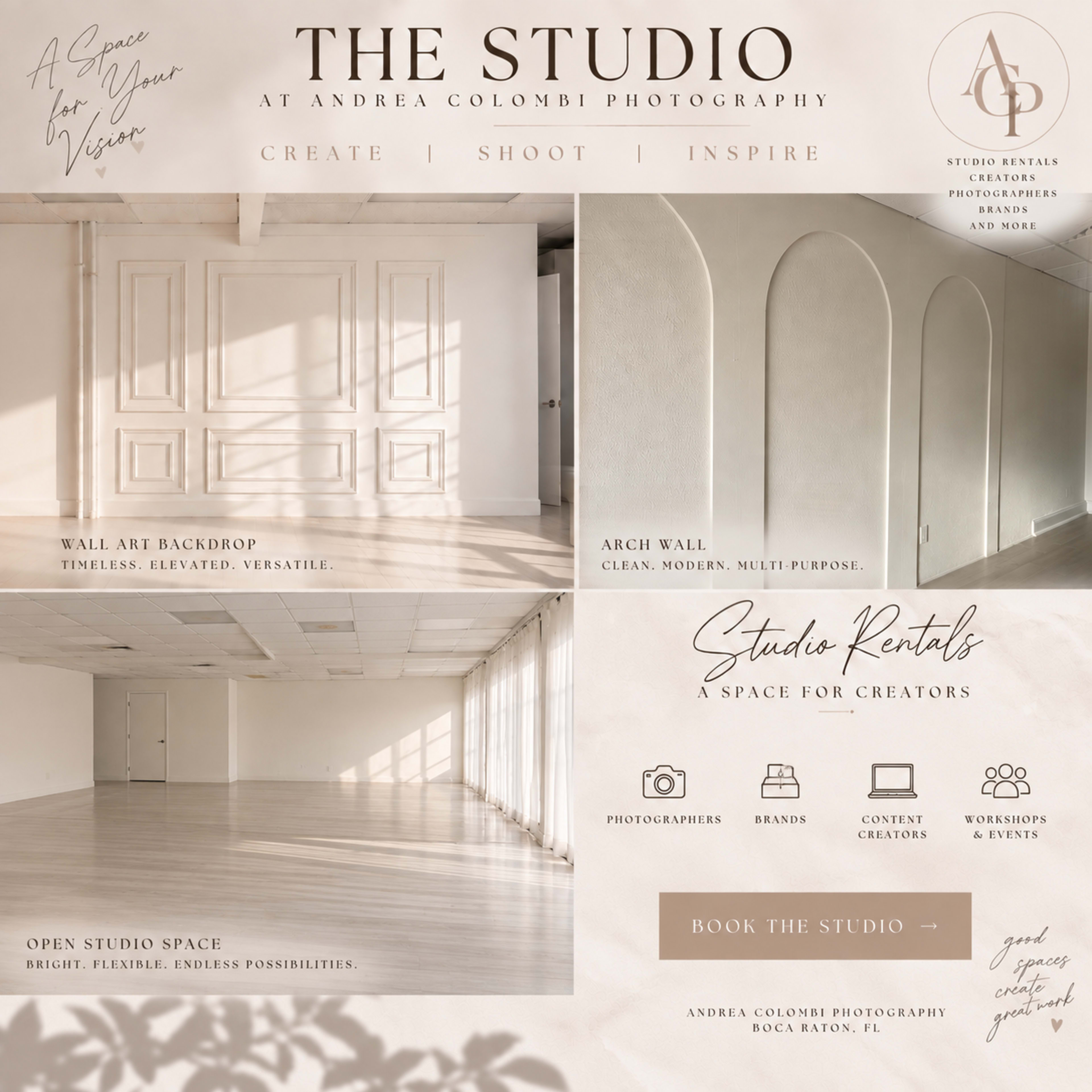 The image promotes a photography studio, featuring a spacious interior with customizable backdrops and rental information for photographers and creators.