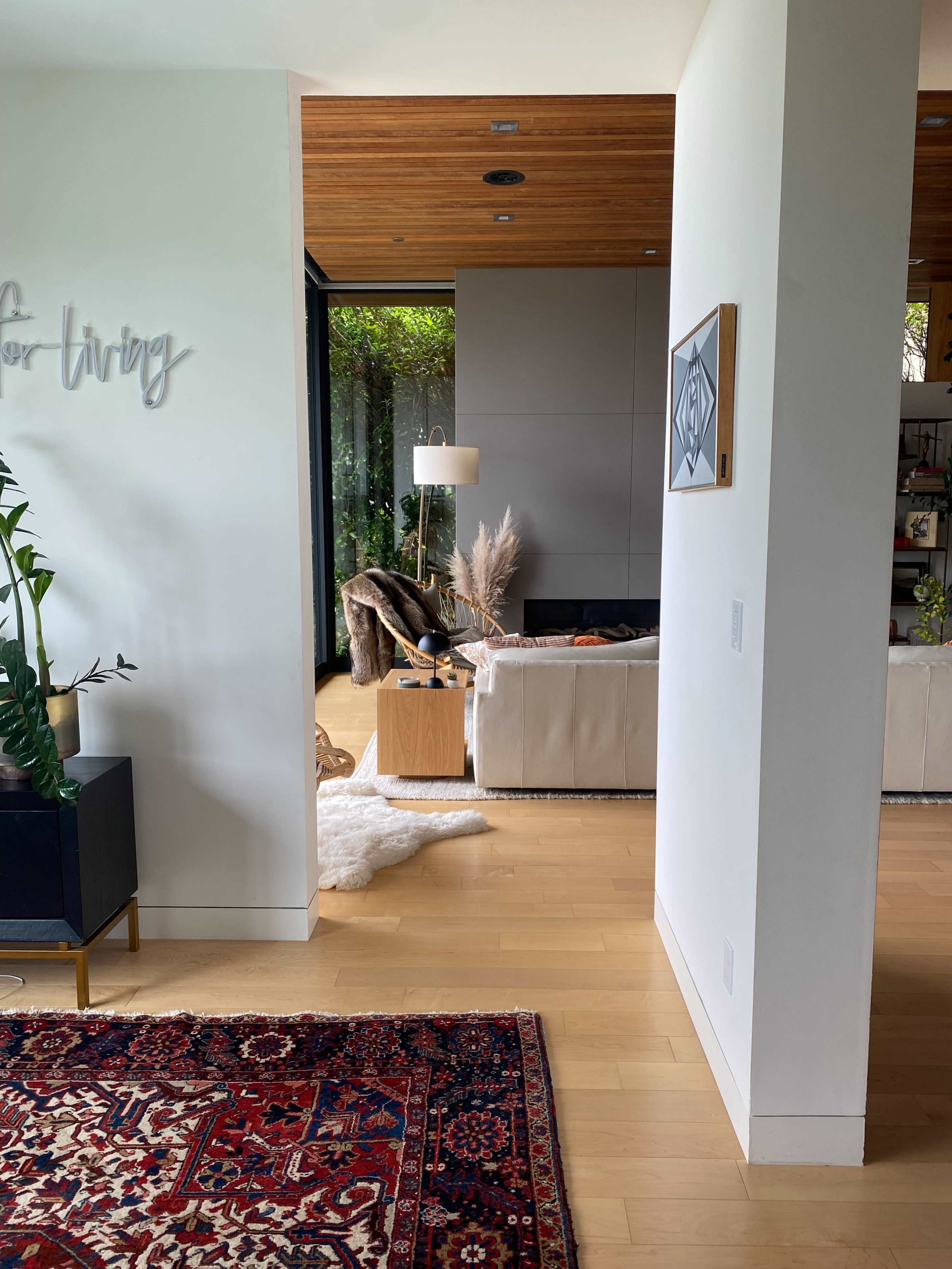 The image shows a modern living space featuring a beige sofa, a decorative throw, and plants, with a Persian-style rug in the foreground.