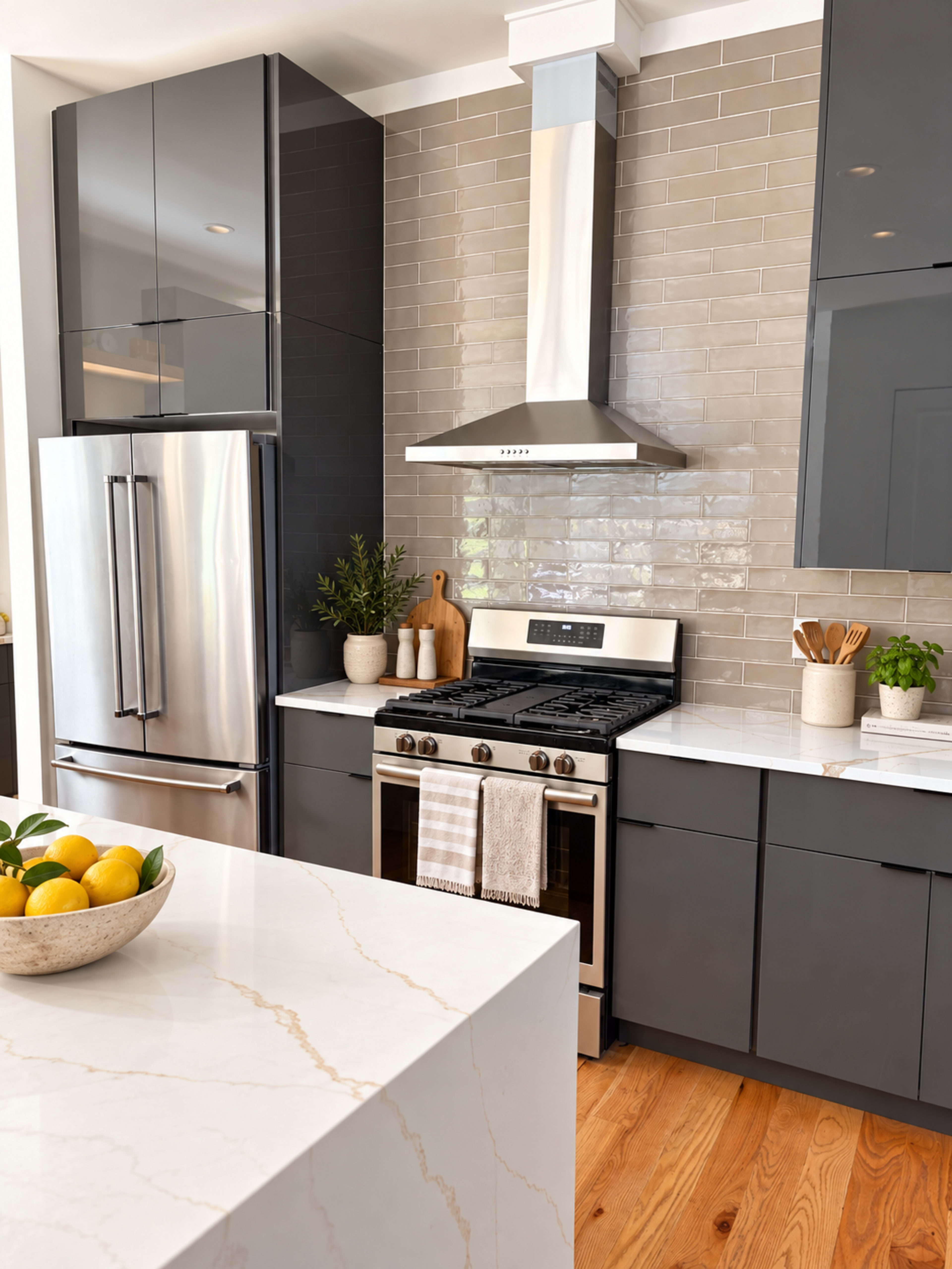 The kitchen features modern gray cabinetry, a stainless steel refrigerator, a gas stove with an overhead hood, and a large marble countertop with a bowl of lemons.