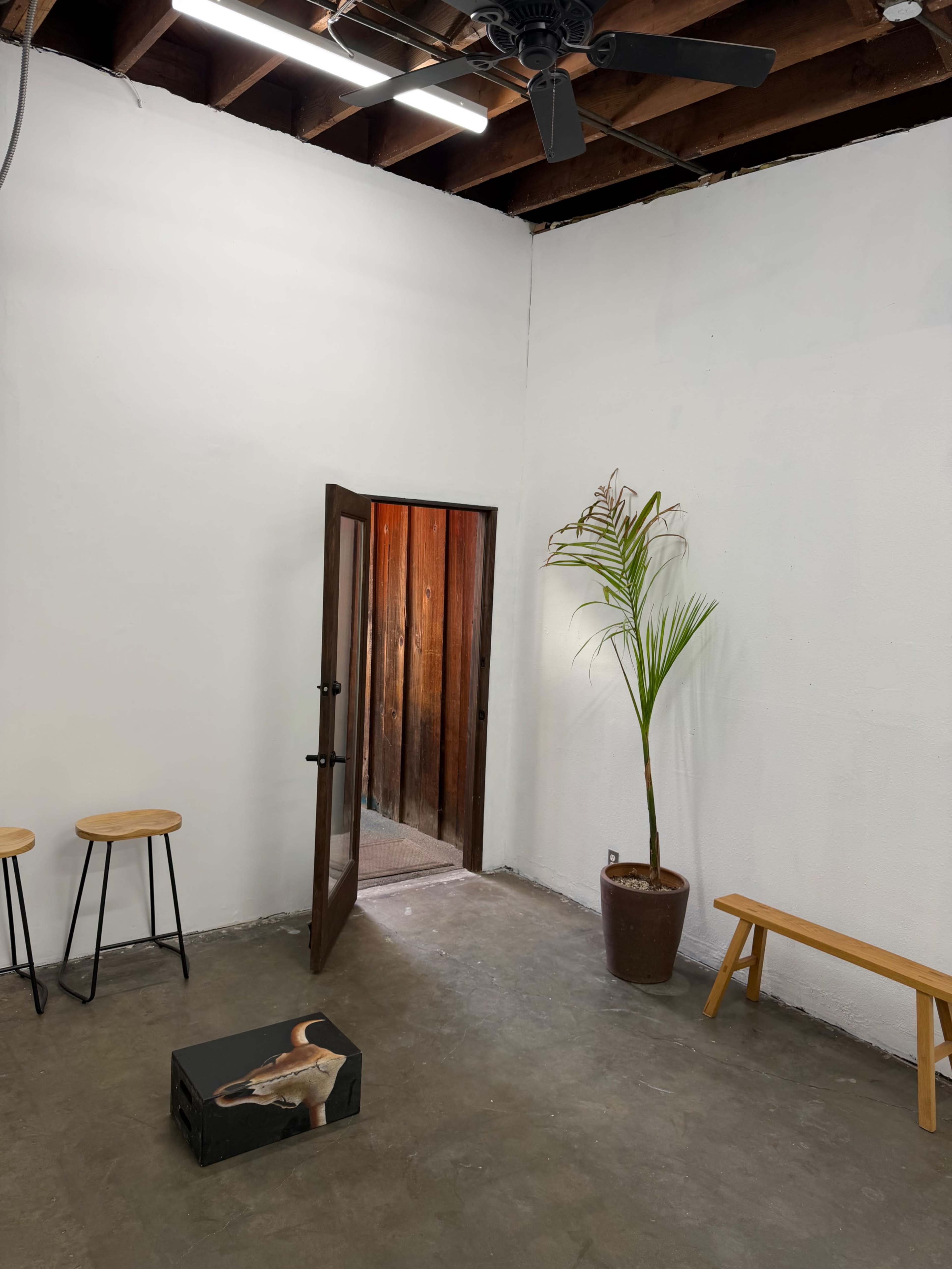 The image shows an empty room with two wooden stools, a potted plant, a bench, and an open doorway leading to a wooden panel.