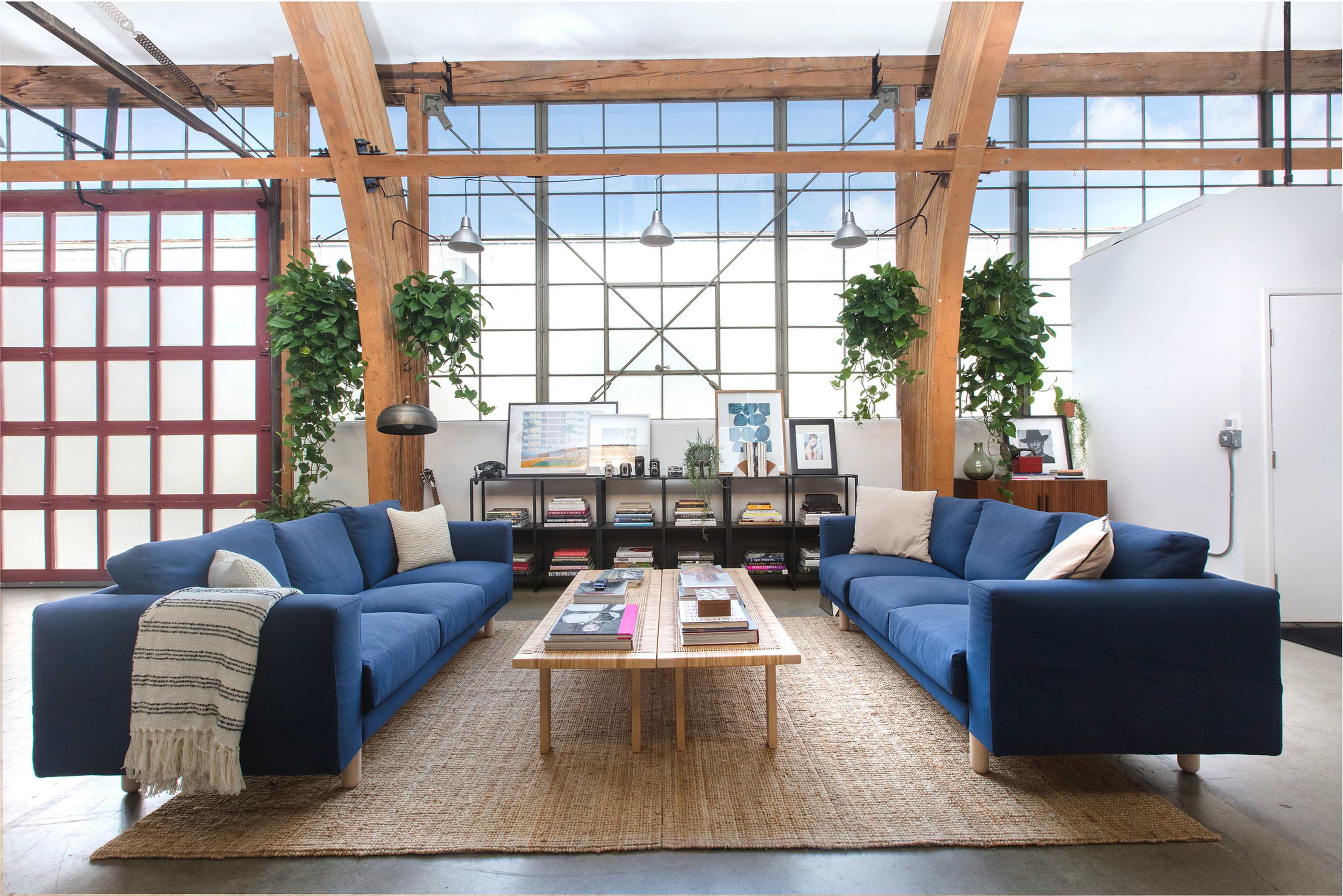 A spacious living area with two blue sofas facing each other, a wooden coffee table in between, and large windows letting in natural light, adorned with potted plants.